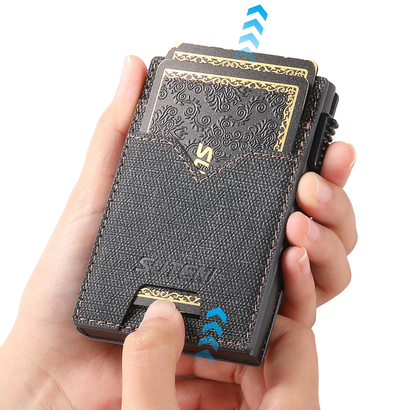 SUTENI KH5NZ Card Slot Wallet Faux Leather Card Box Pressing The Button Automatically Ejects The Card