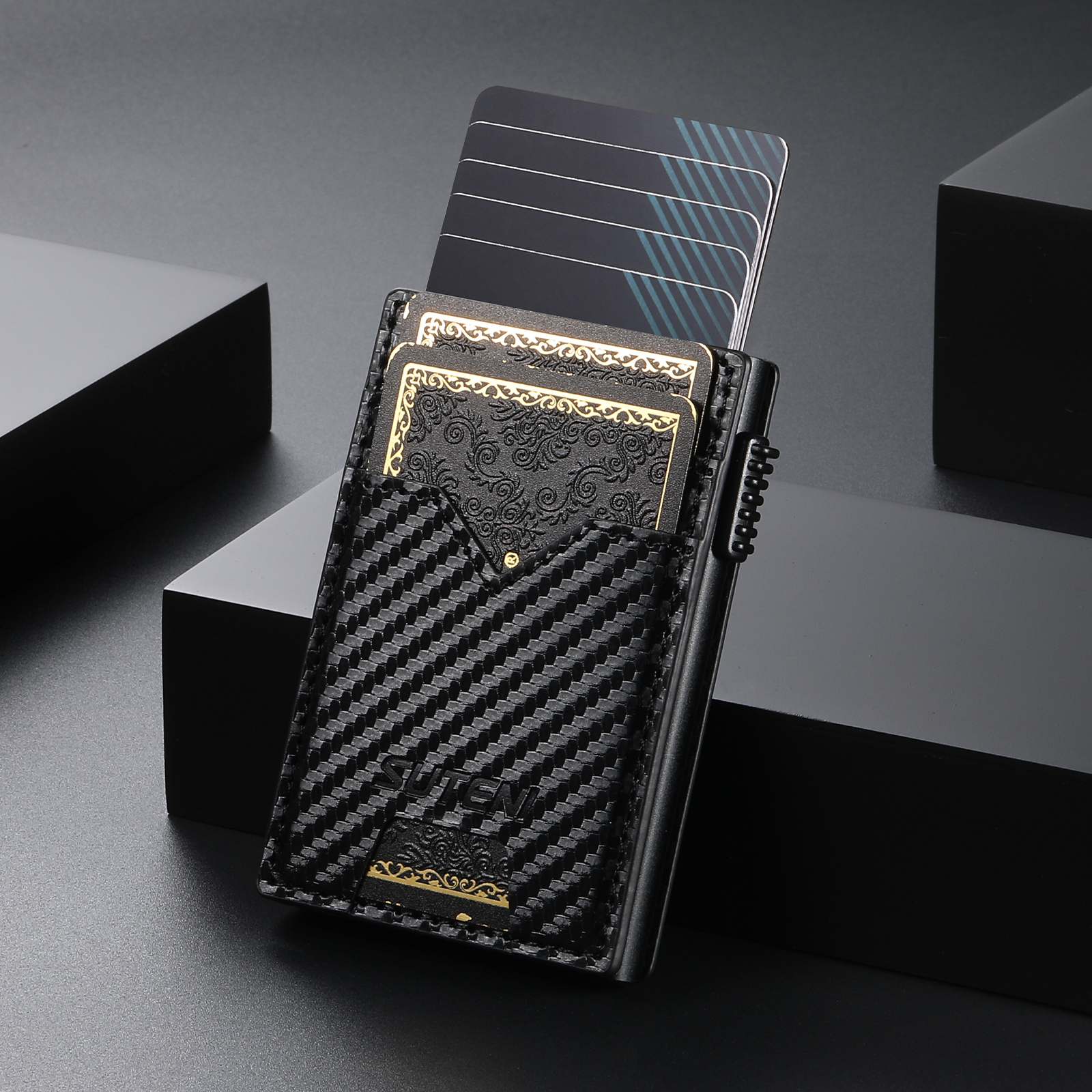 SUTENI KH5TXW Card Slot Wallet Faux Leather Card Box Pressing The Button Automatically Ejects The Card