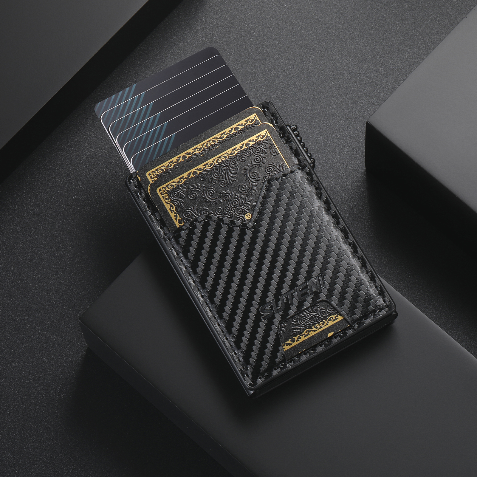 SUTENI KH5TXW Card Slot Wallet Faux Leather Card Box Pressing The Button Automatically Ejects The Card