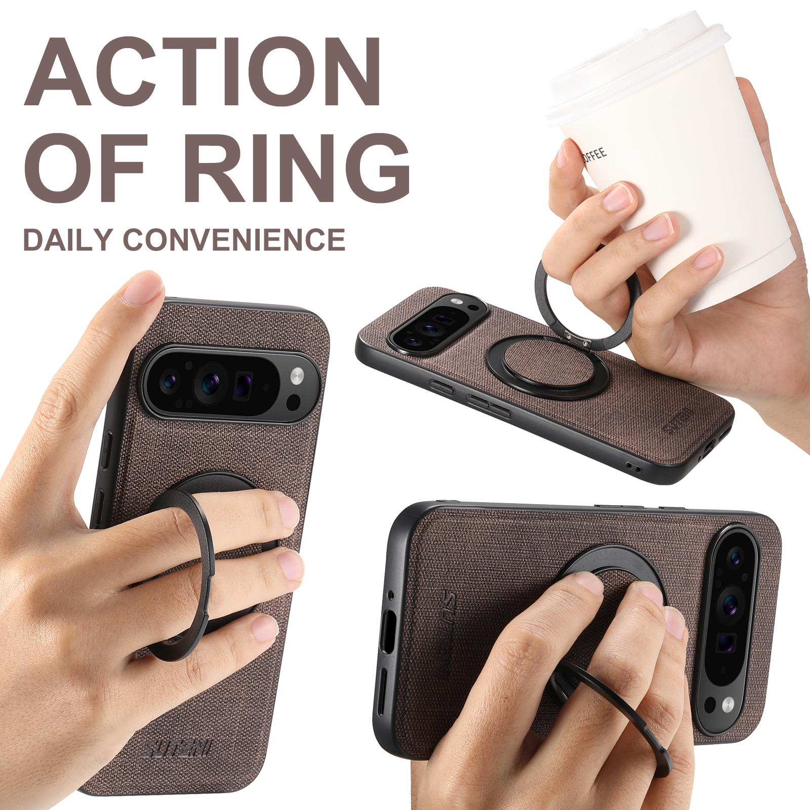 SUTENI G3NZ Faux Leather Magnet Wireless Charging Phone Case 360° Rotating Stand Ring Buckle Frosted Feel For Google Pixel 10ProXL 9 8A 7 6