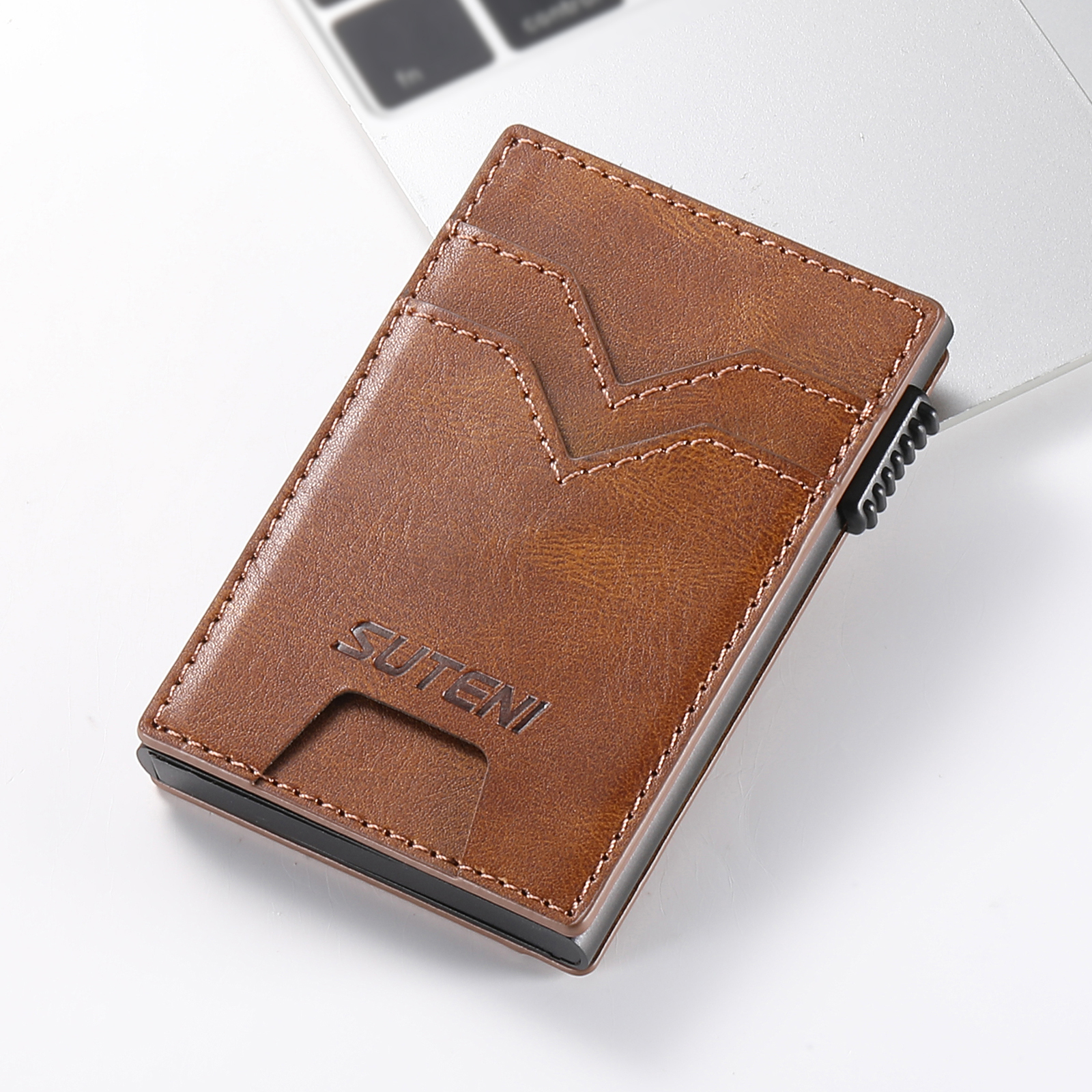 SUTENI KH5YL Card Slot Wallet Faux Leather Card Box Pressing The Button Automatically Ejects The Card
