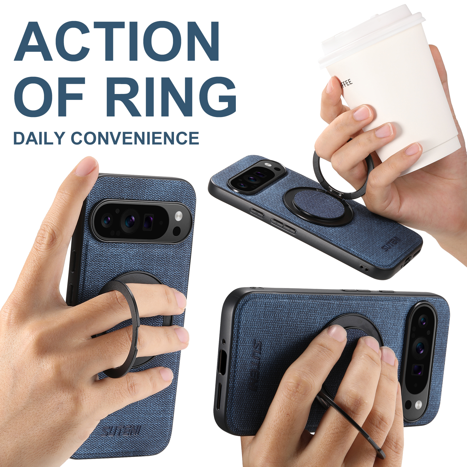 SUTENI G3NZ Faux Leather Magnet Wireless Charging Phone Case 360° Rotating Stand Ring Buckle Frosted Feel For Google Pixel 10ProXL 9 8A 7 6