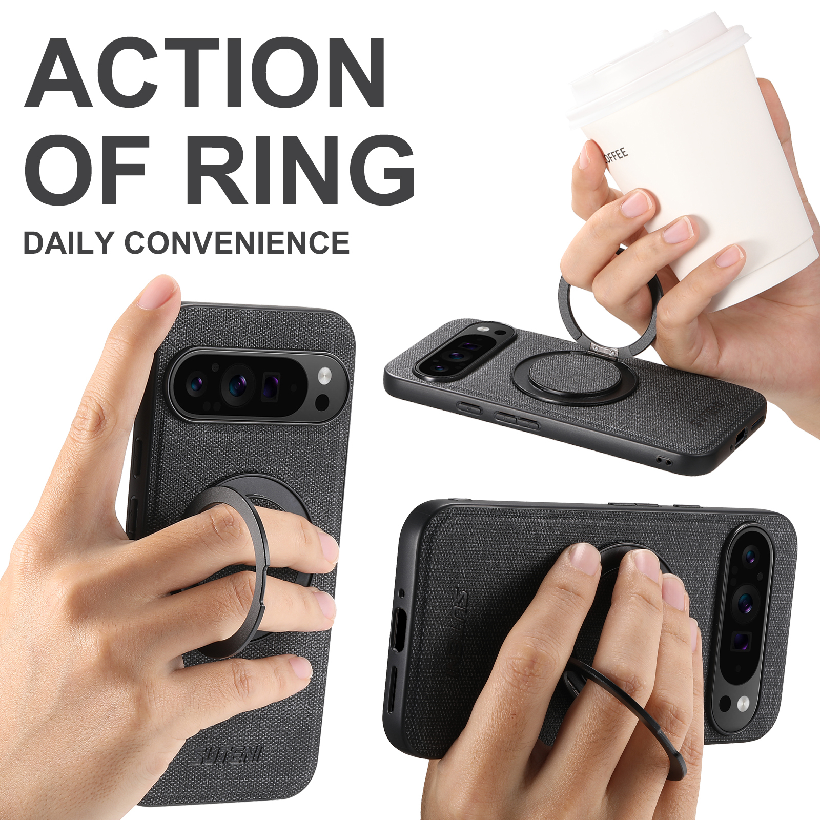 SUTENI G3NZ Faux Leather Magnet Wireless Charging Phone Case 360° Rotating Stand Ring Buckle Frosted Feel For Google Pixel 10ProXL 9 8A 7 6