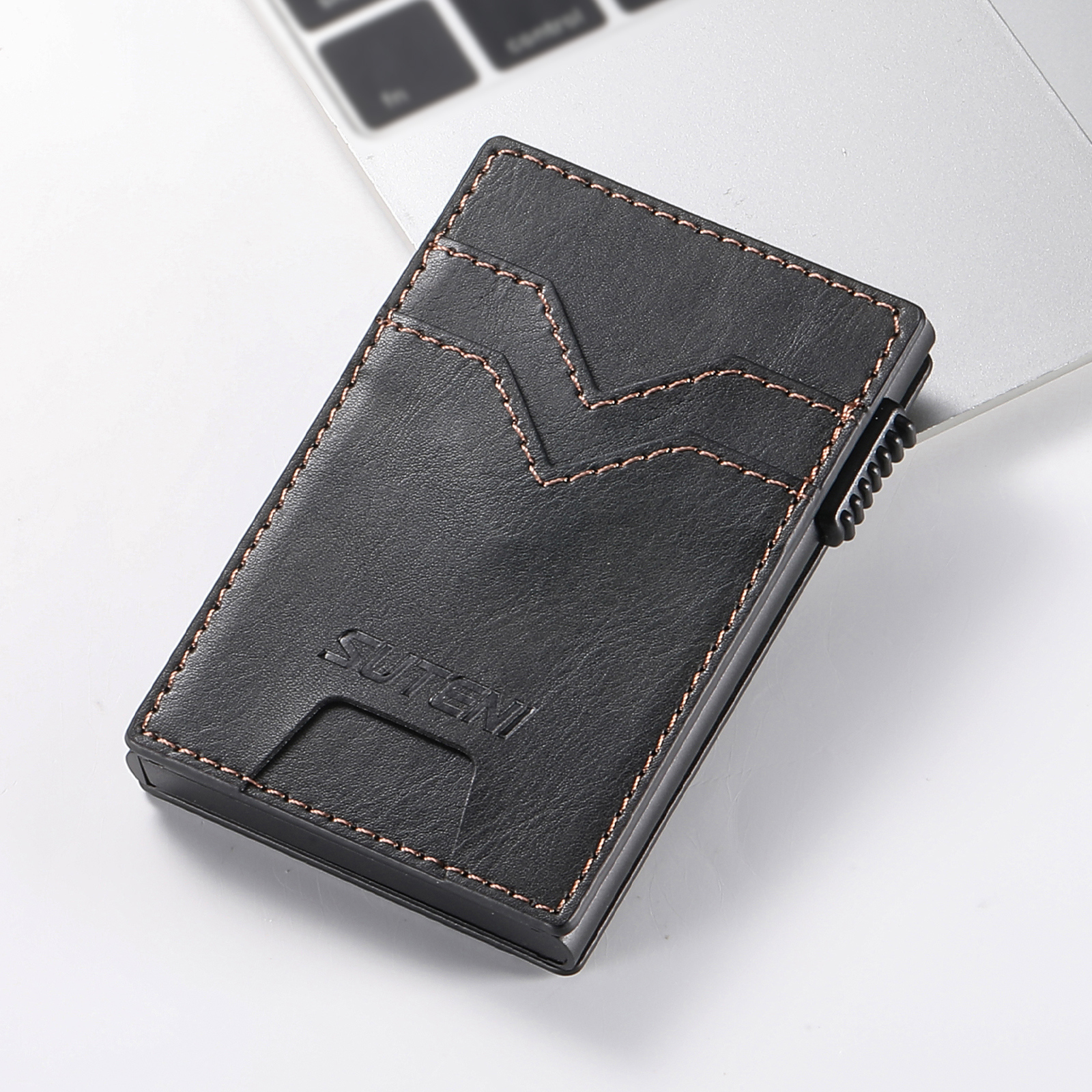 SUTENI KH5YL Card Slot Wallet Faux Leather Card Box Pressing The Button Automatically Ejects The Card