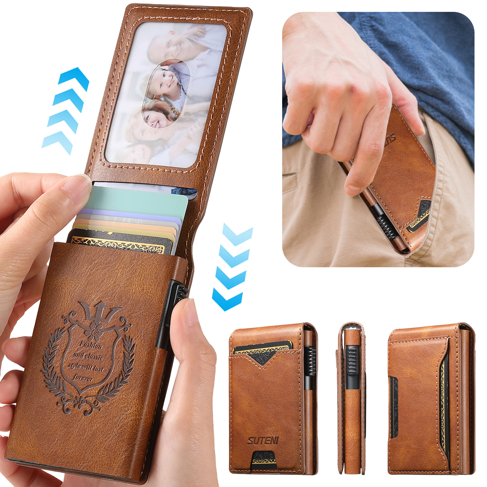 SUTENI KH6YL Card Slot Wallet Flip Cover Faux Leather Card Box Pressing The Button Automatically Ejects The Card