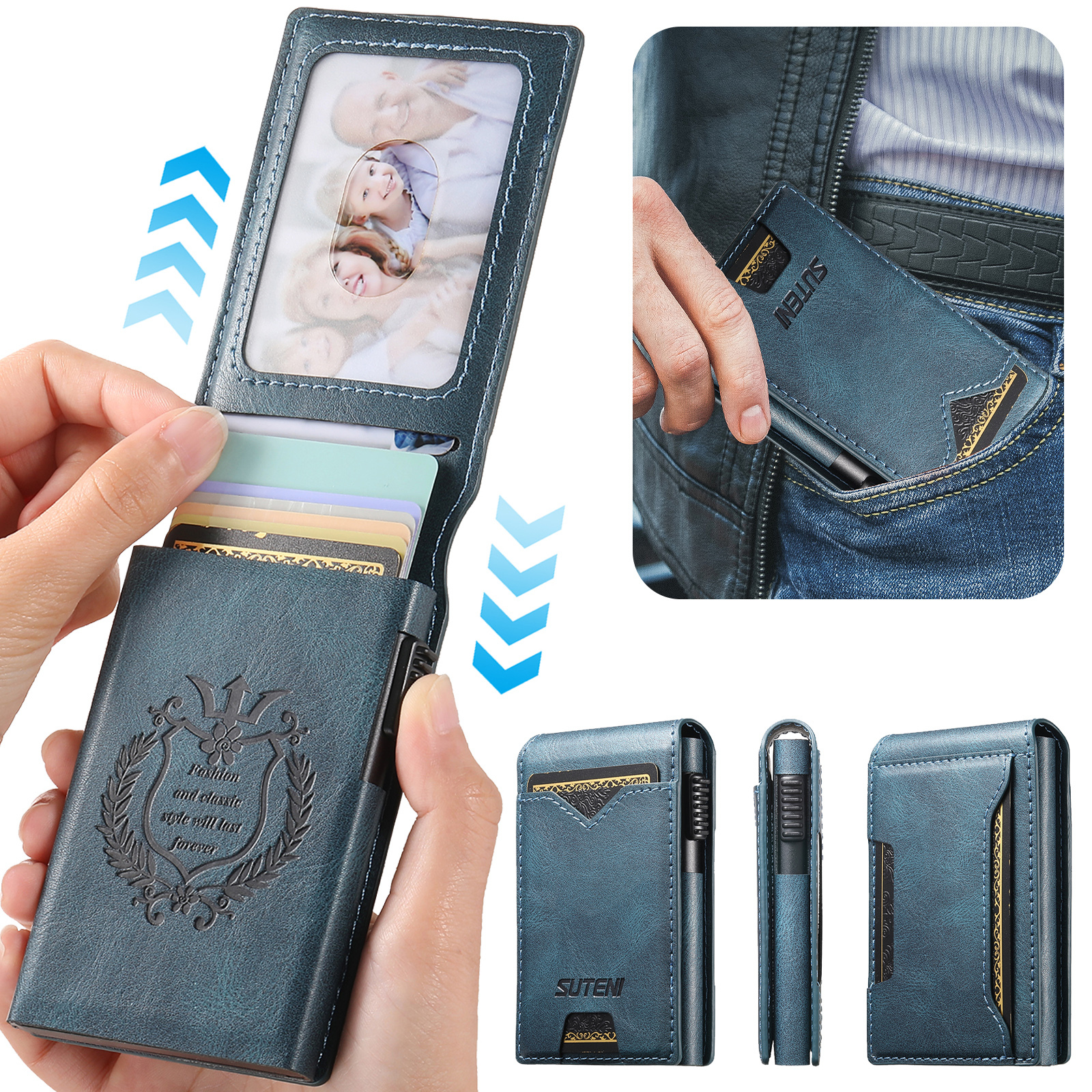 SUTENI KH6YL Card Slot Wallet Flip Cover Faux Leather Card Box Pressing The Button Automatically Ejects The Card