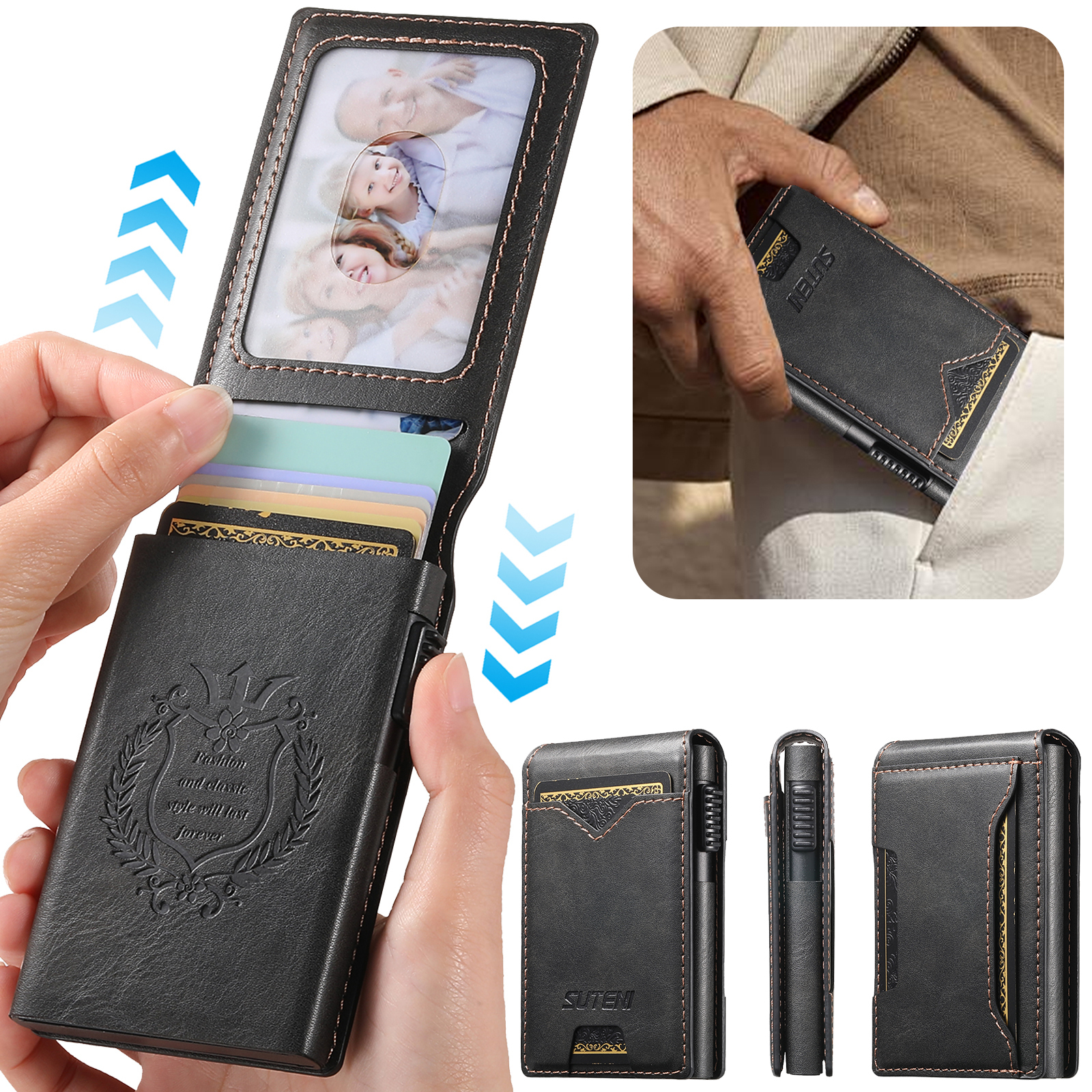 SUTENI KH6YL Card Slot Wallet Flip Cover Faux Leather Card Box Pressing The Button Automatically Ejects The Card
