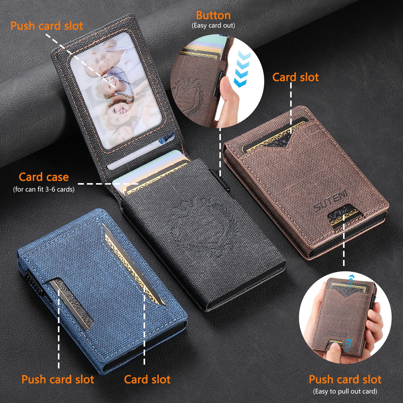 SUTENI KH6NZ Card Slot Wallet Flip Cover Faux Leather Card Box Pressing The Button Automatically Ejects The Card