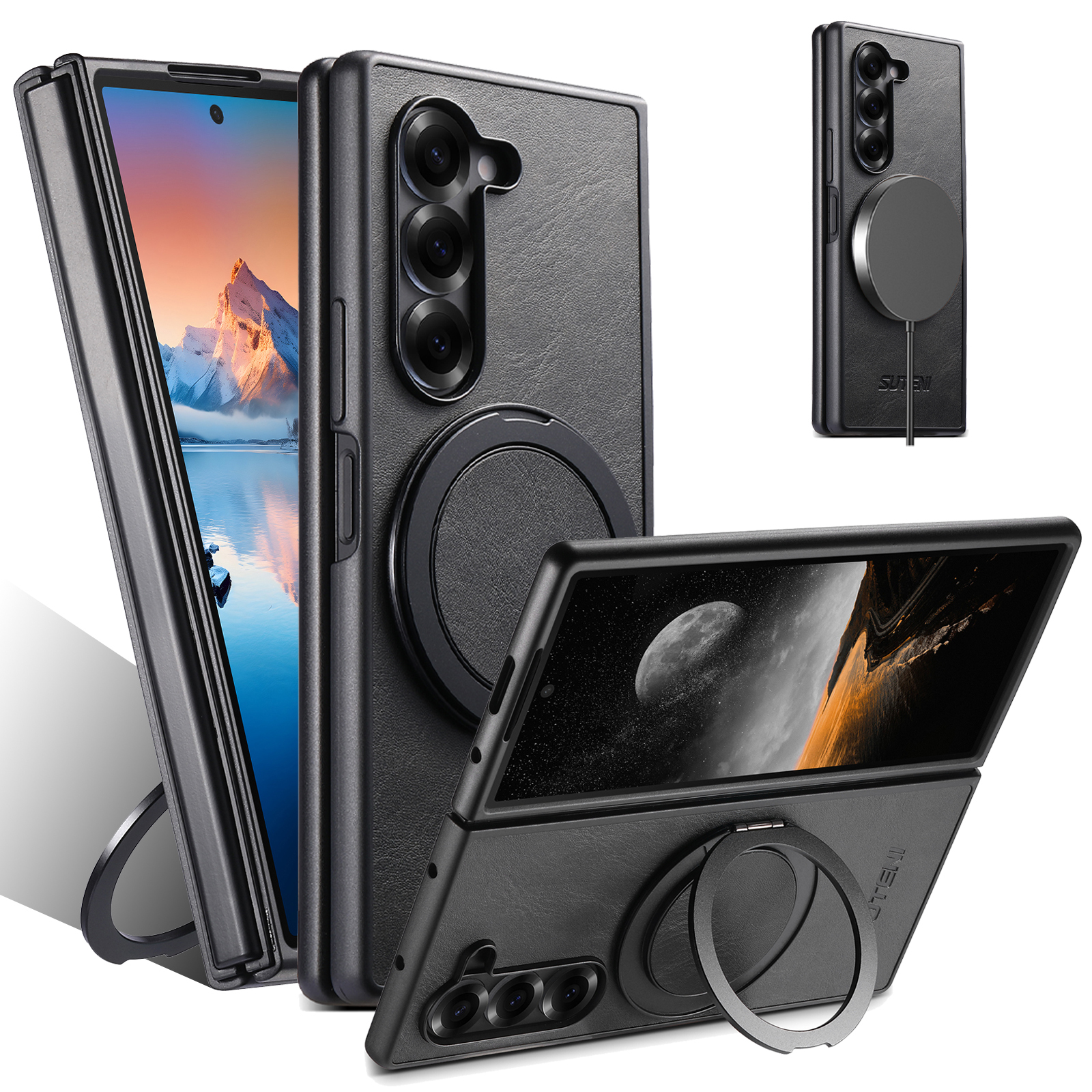 SUTENI G3YL Magnet Wireless Charging Phone Case Oil Wax Faux Leather 360° Rotating Stand Buckle For Samsung Galaxy Z Fold 7 6 5