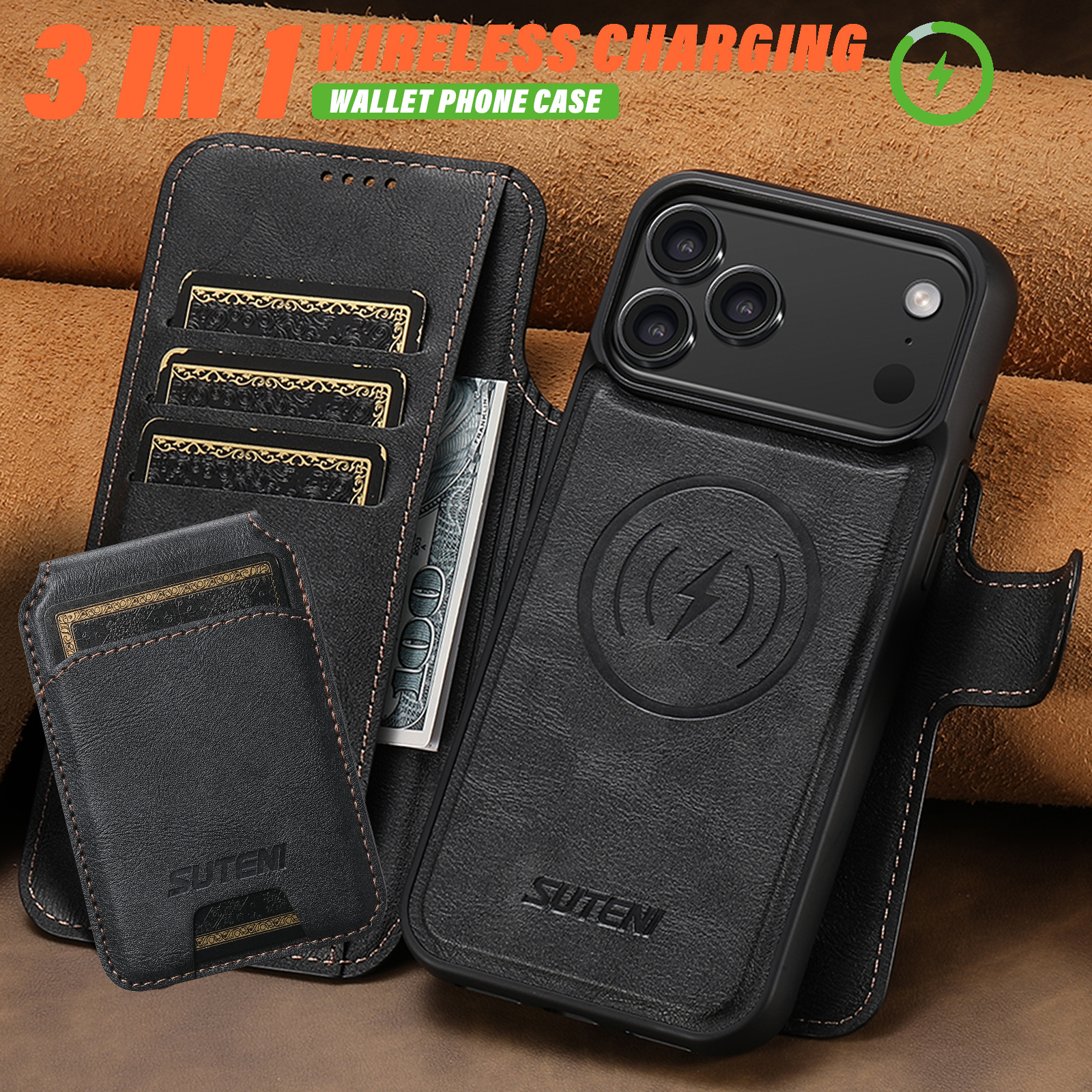 SUTENI Q05S2 Faux Leather Wireless Charging Card Holder Stand Wallet Magnetic Flip Cover Phone Case For iPhone 17 Pro Max 16 Plus 15 14 13 12