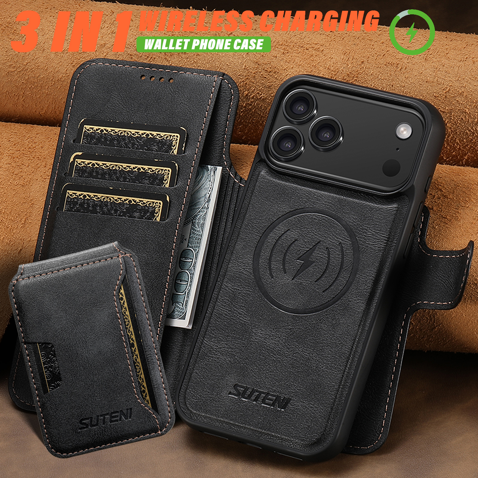 SUTENI Q05S3 Faux Leather Wireless Charging Card Holder Stand Wallet Magnetic Flip Cover Phone Case For iPhone 17 Pro Max 16 Plus 15 14 13 12