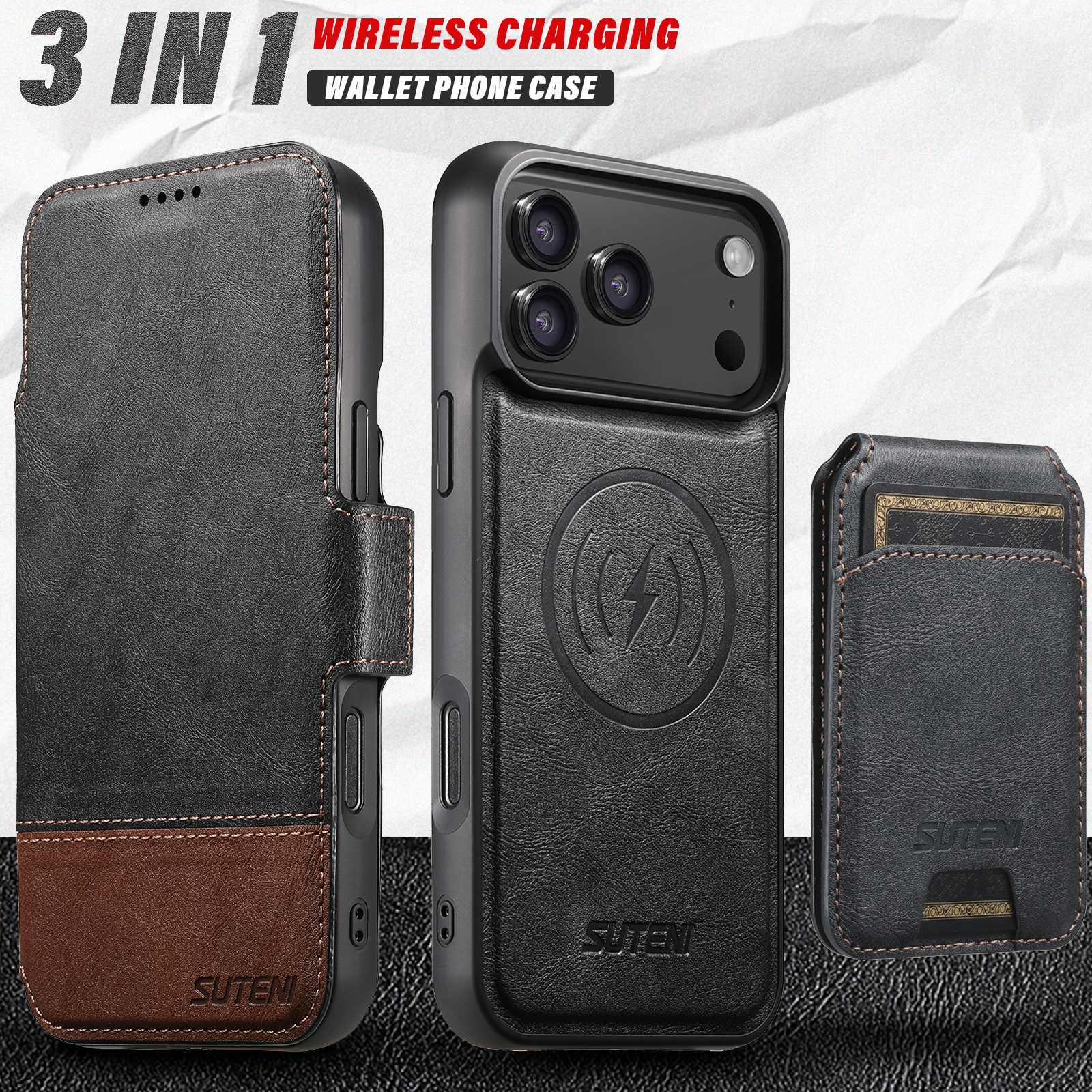 SUTENI Q06S2 Faux Leather Wireless Charging Card Holder Stand Wallet Magnetic Flip Cover Phone Case For iPhone 17 Pro Max 16 Plus 15 14 13 12