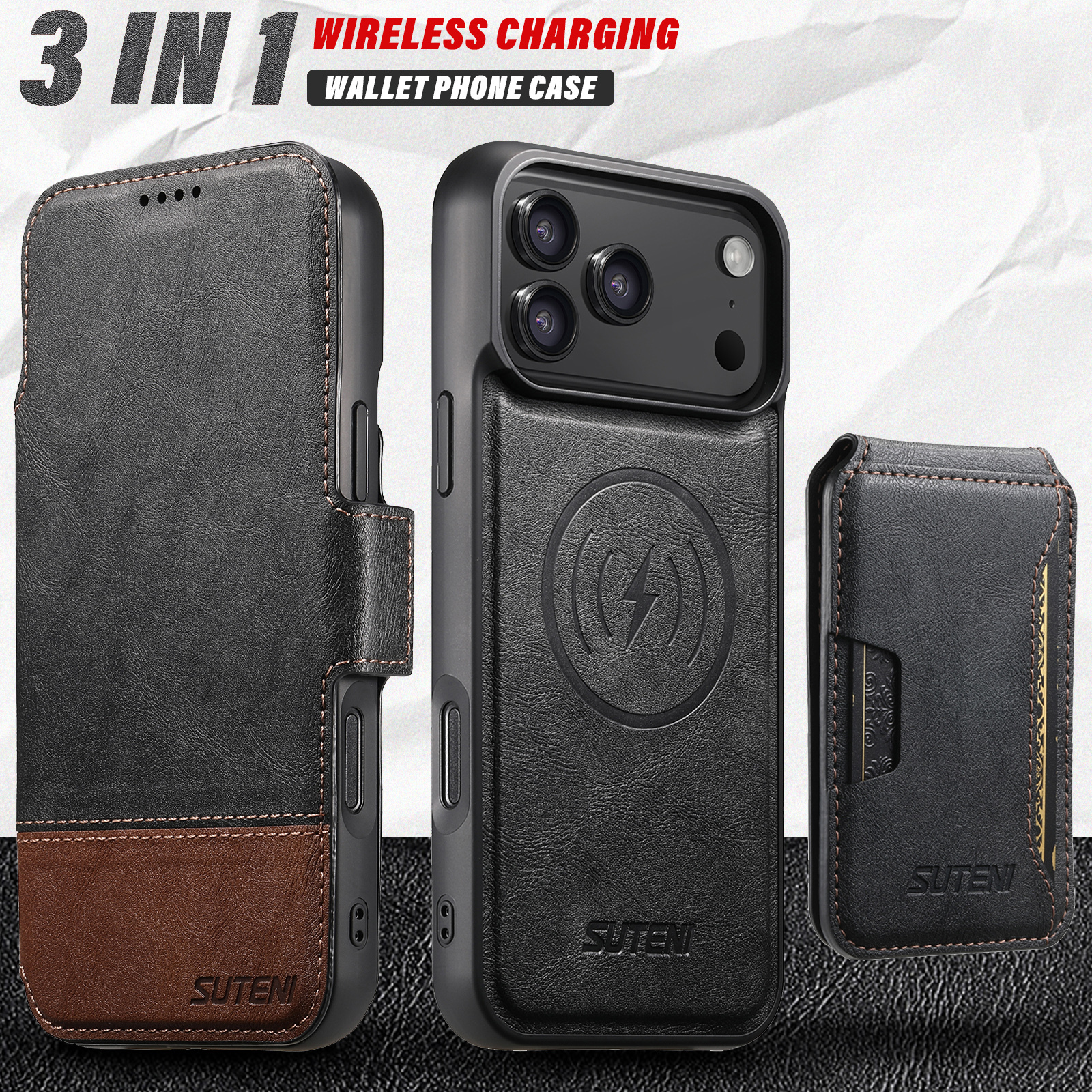 SUTENI Q06S3 Faux Leather Wireless Charging Card Holder Stand Wallet Magnetic Flip Cover Phone Case For iPhone 17 Pro Max 16 Plus 15 14 13 12