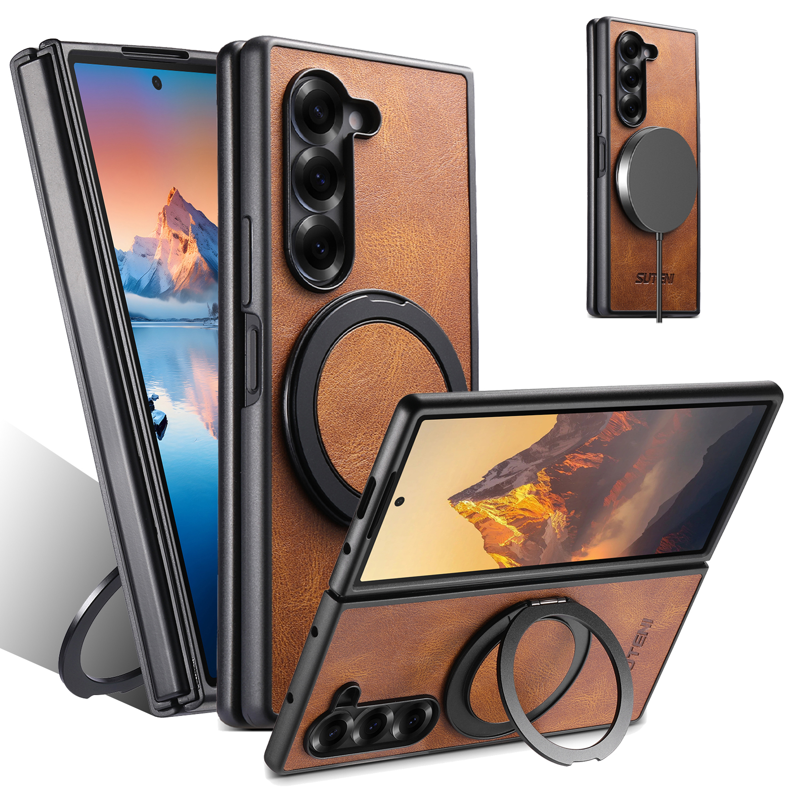 SUTENI G3YL Magnet Wireless Charging Phone Case Oil Wax Faux Leather 360° Rotating Stand Buckle For Samsung Galaxy Z Fold 7 6 5