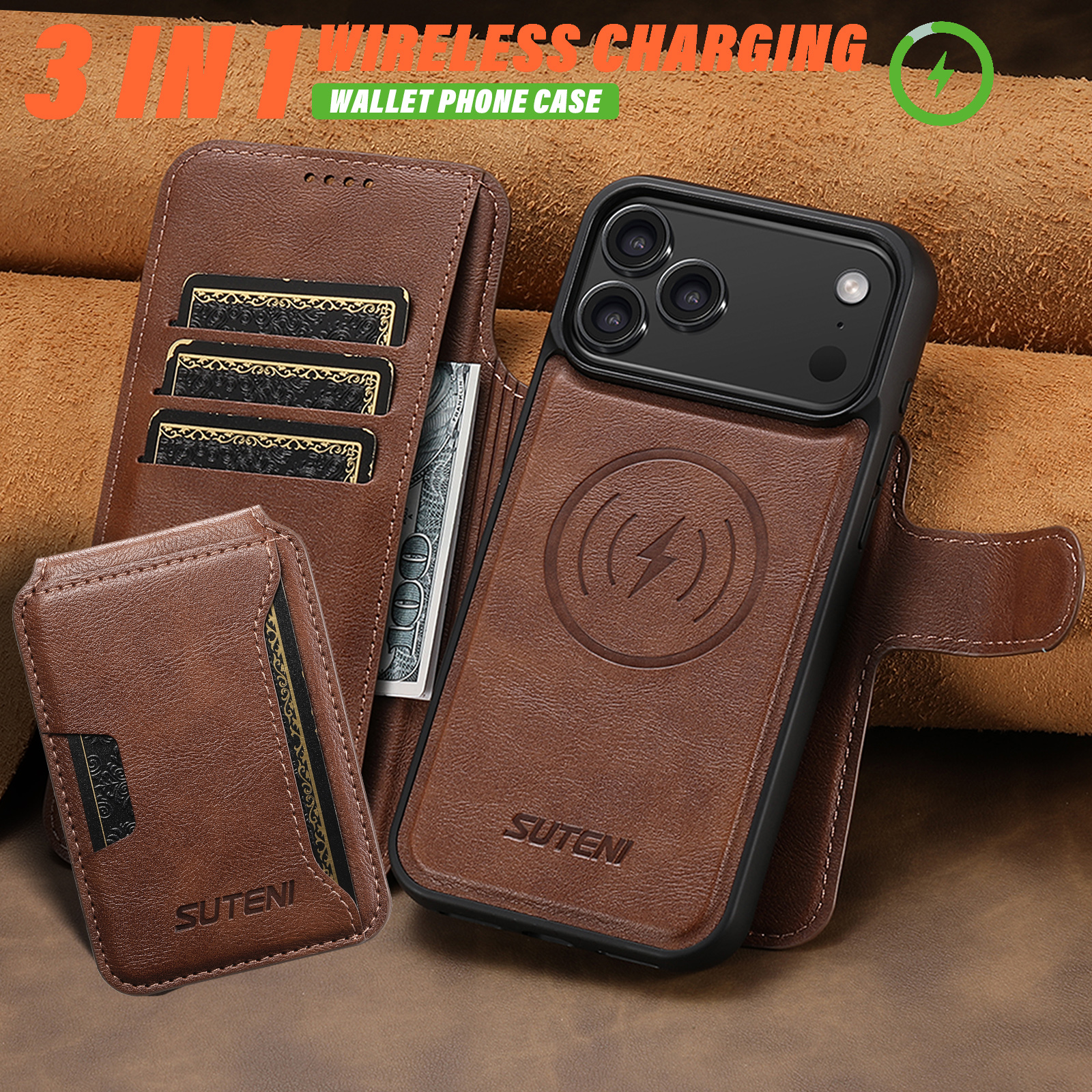 SUTENI Q05S3 Faux Leather Wireless Charging Card Holder Stand Wallet Magnetic Flip Cover Phone Case For iPhone 17 Pro Max 16 Plus 15 14 13 12
