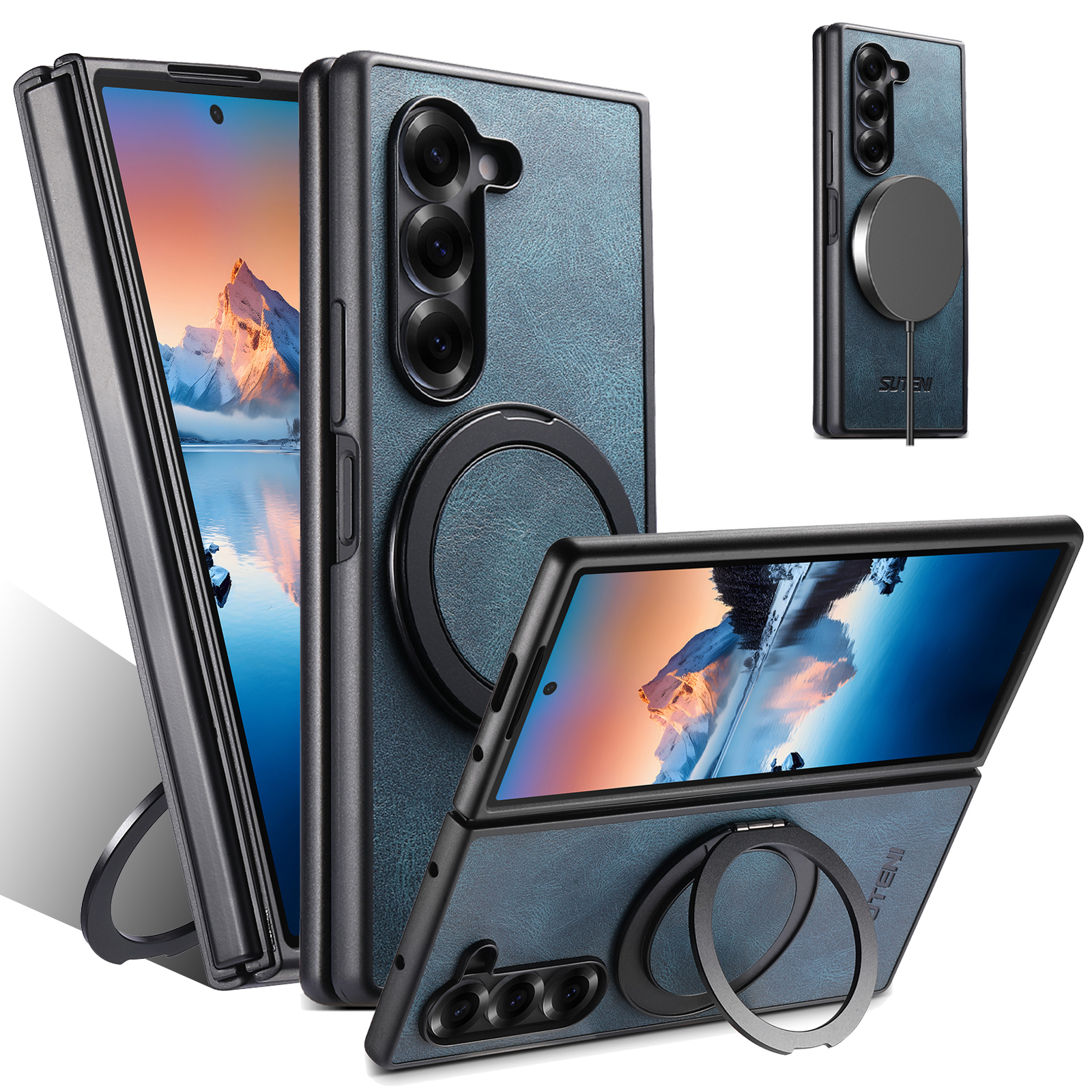 SUTENI G3YL Magnet Wireless Charging Phone Case Oil Wax Faux Leather 360° Rotating Stand Buckle For Samsung Galaxy Z Fold 8 Ultra 7 6 5