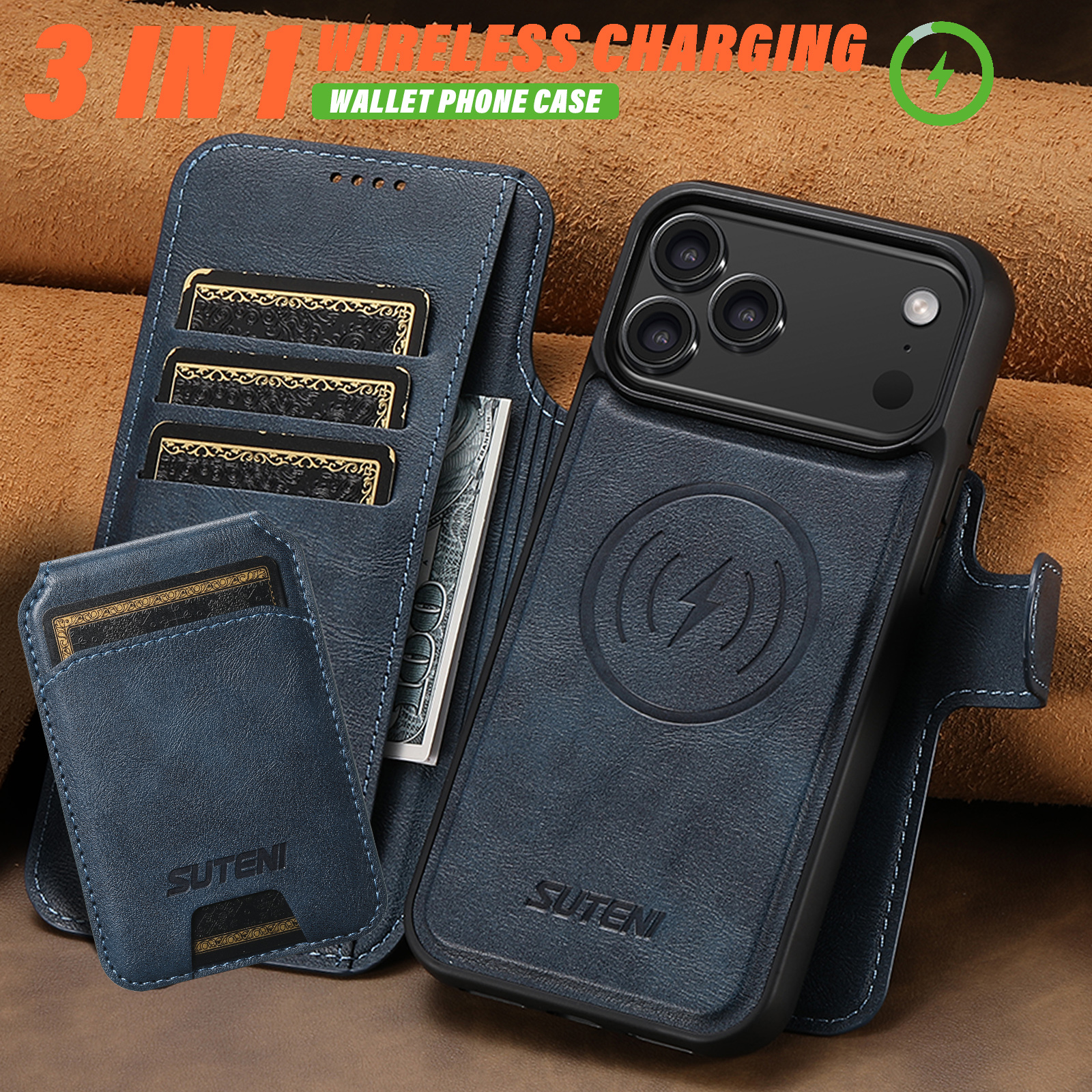 SUTENI Q05S2 Faux Leather Wireless Charging Card Holder Stand Wallet Magnetic Flip Cover Phone Case For iPhone 17 Pro Max 16 Plus 15 14 13 12