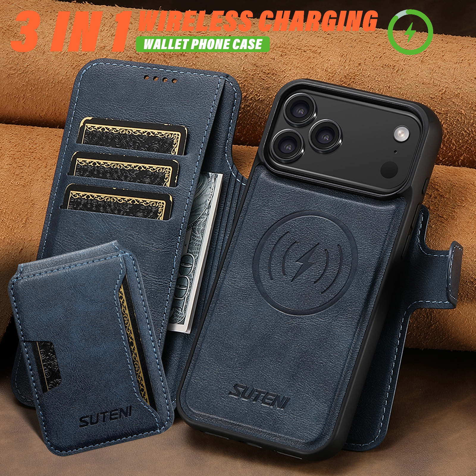 SUTENI Q05S3 Faux Leather Wireless Charging Card Holder Stand Wallet Magnetic Flip Cover Phone Case For iPhone 17 Pro Max 16 Plus 15 14 13 12