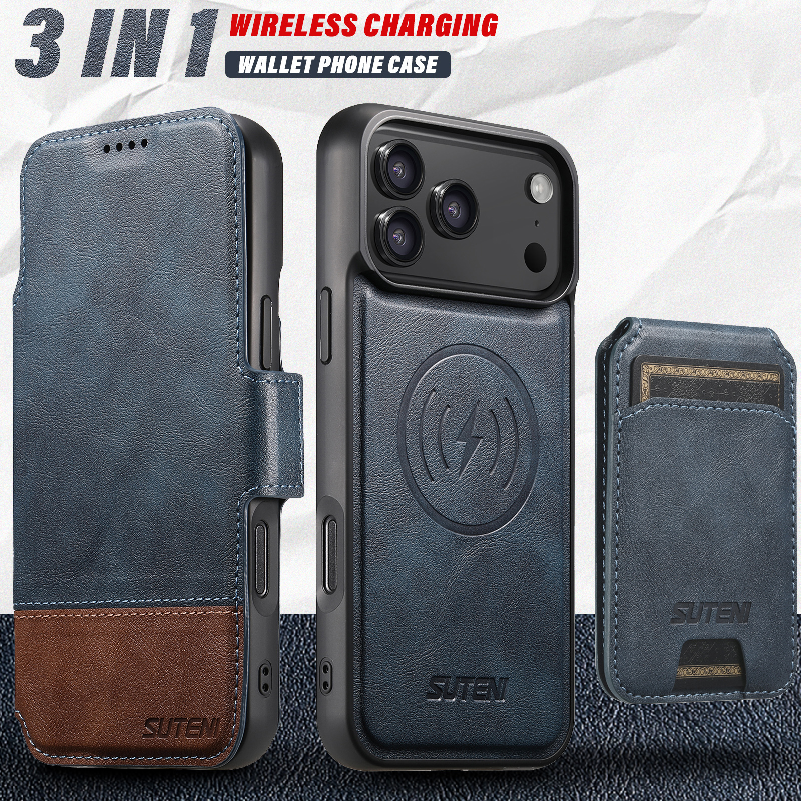 SUTENI Q06S2 Faux Leather Wireless Charging Card Holder Stand Wallet Magnetic Flip Cover Phone Case For iPhone 17 Pro Max 16 Plus 15 14 13 12