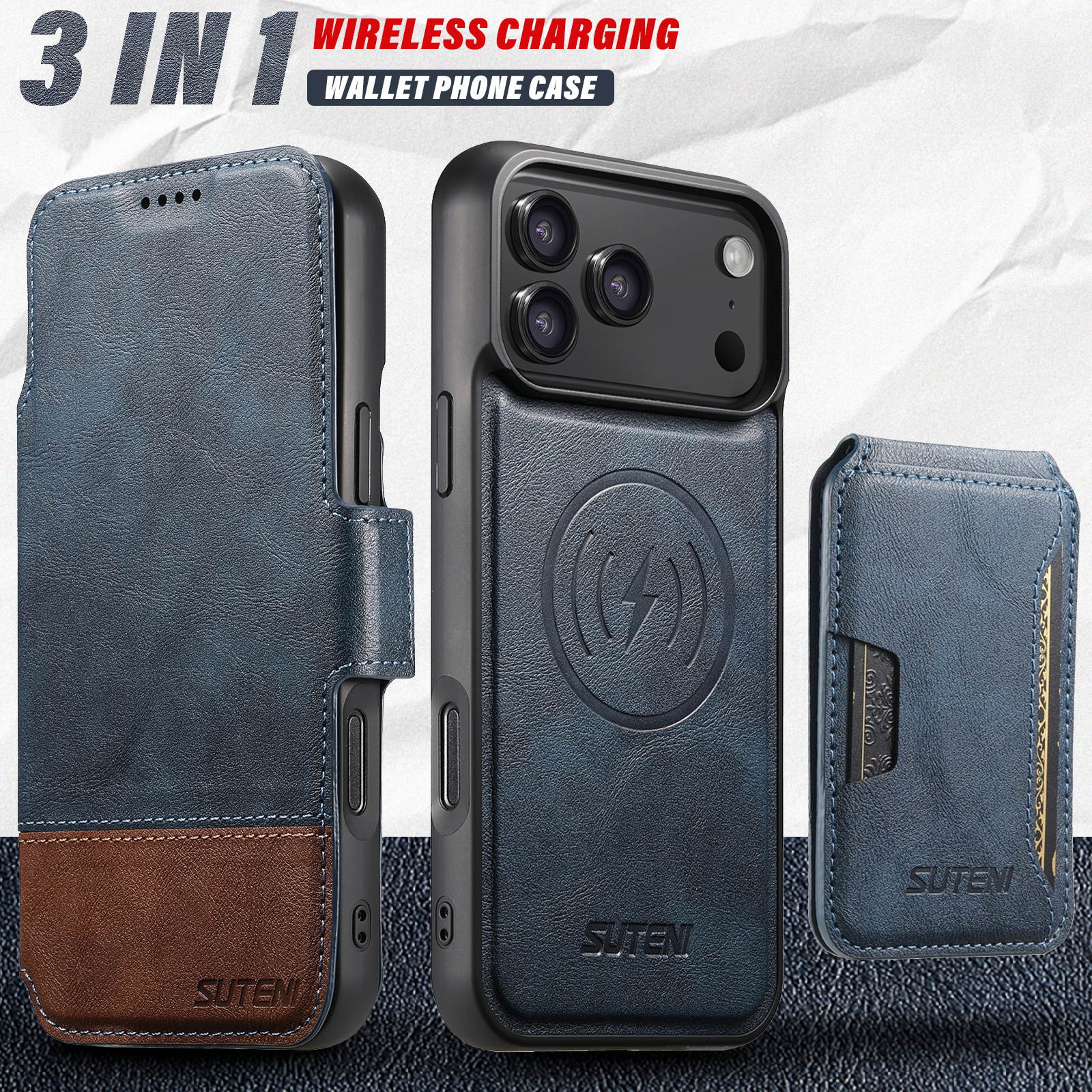 SUTENI Q06S3 Faux Leather Wireless Charging Card Holder Stand Wallet Magnetic Flip Cover Phone Case For iPhone 17 Pro Max 16 Plus 15 14 13 12