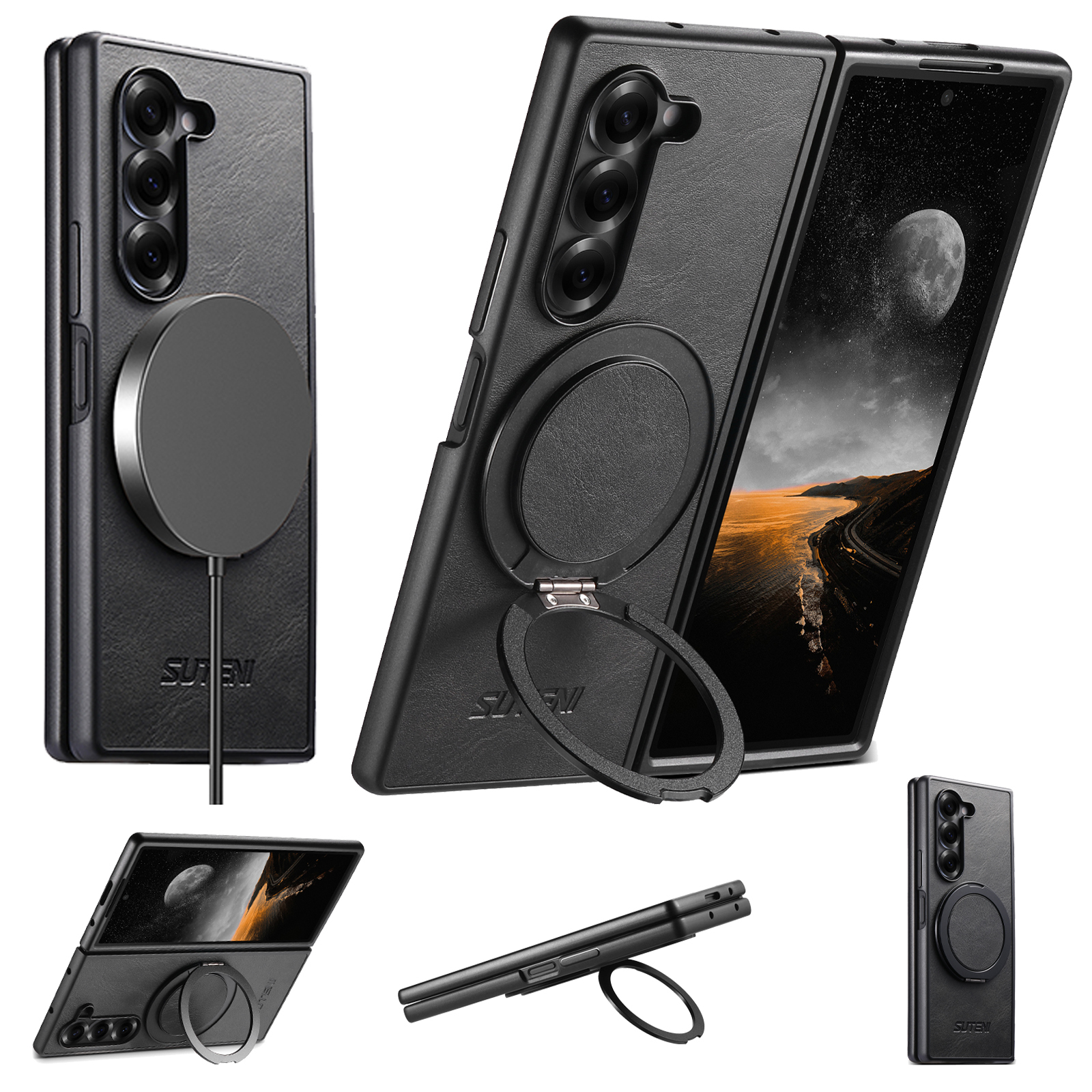 SUTENI G3YL Magnet Wireless Charging Phone Case Oil Wax Faux Leather 360° Rotating Stand Buckle For Samsung Galaxy Z Fold 7 6 5