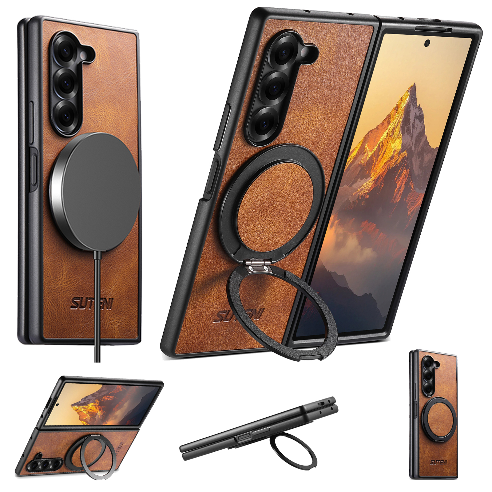 SUTENI G3YL Magnet Wireless Charging Phone Case Oil Wax Faux Leather 360° Rotating Stand Buckle For Samsung Galaxy Z Fold 7 6 5