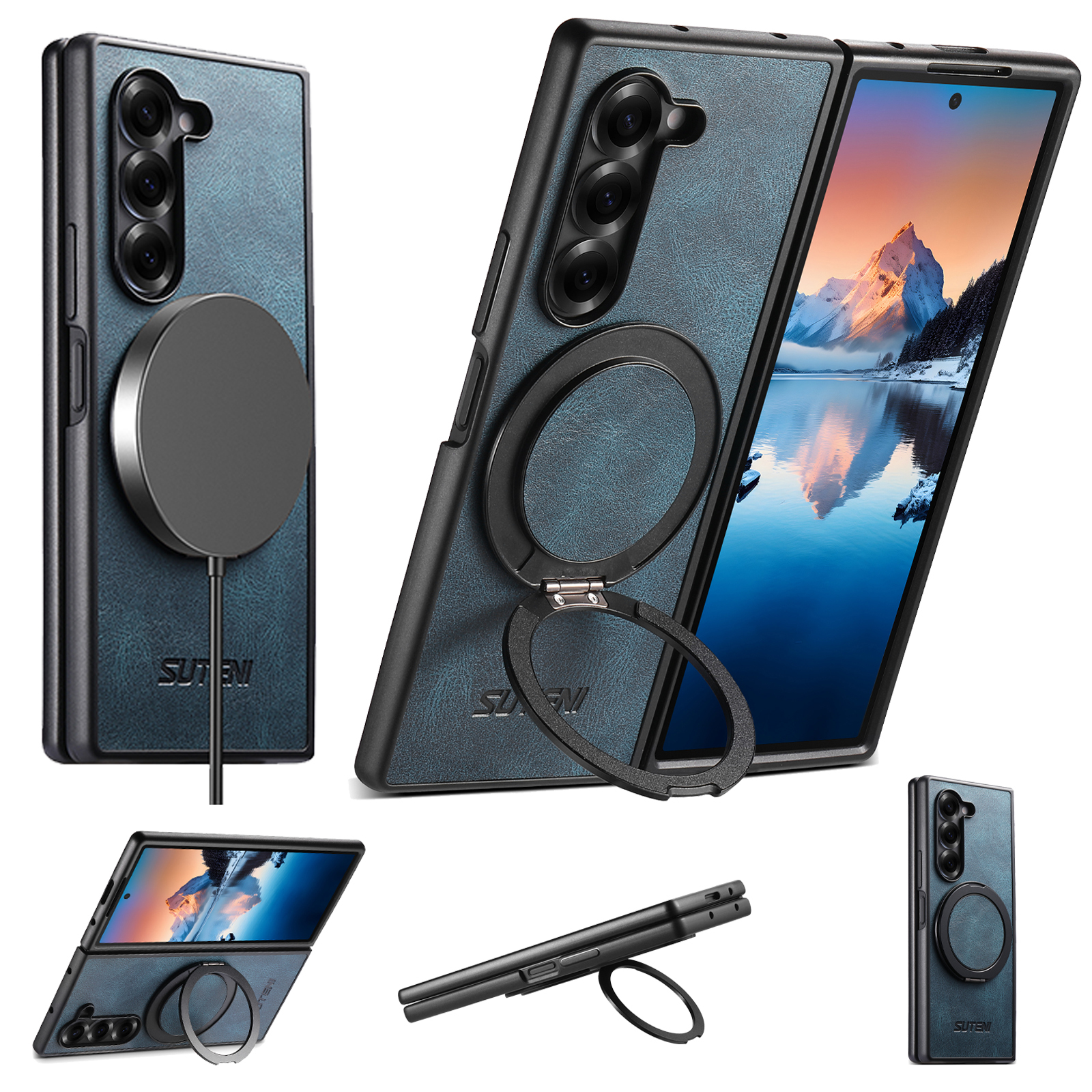 SUTENI G3YL Magnet Wireless Charging Phone Case Oil Wax Faux Leather 360° Rotating Stand Buckle For Samsung Galaxy Z Fold 8 Ultra 7 6 5