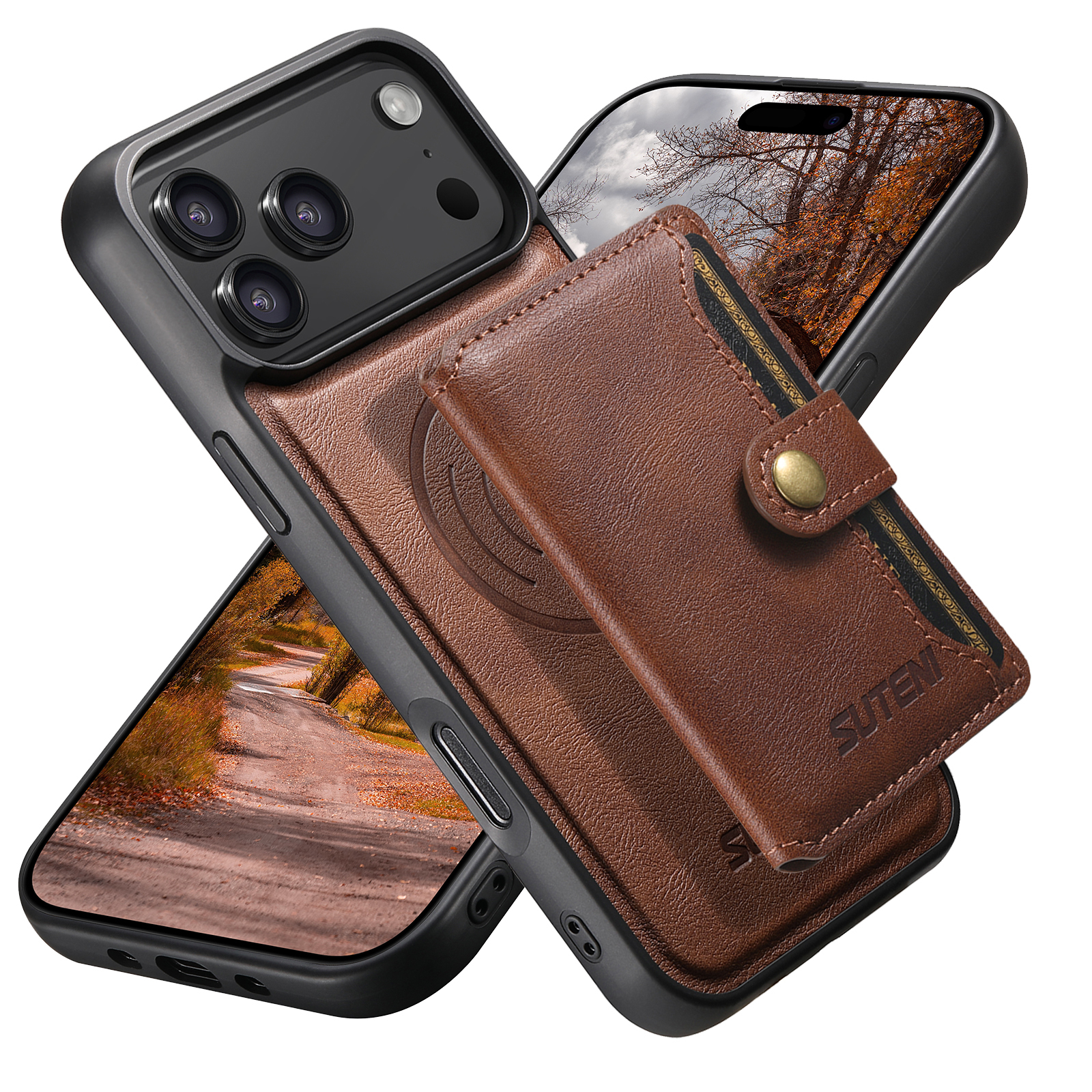 SUTENI M4 Wireless Charging Luxury Faux Leather Magnet Phone Case Card Holder Stand For iPhone 17 Pro Max 16 Plus 15 14 13 12