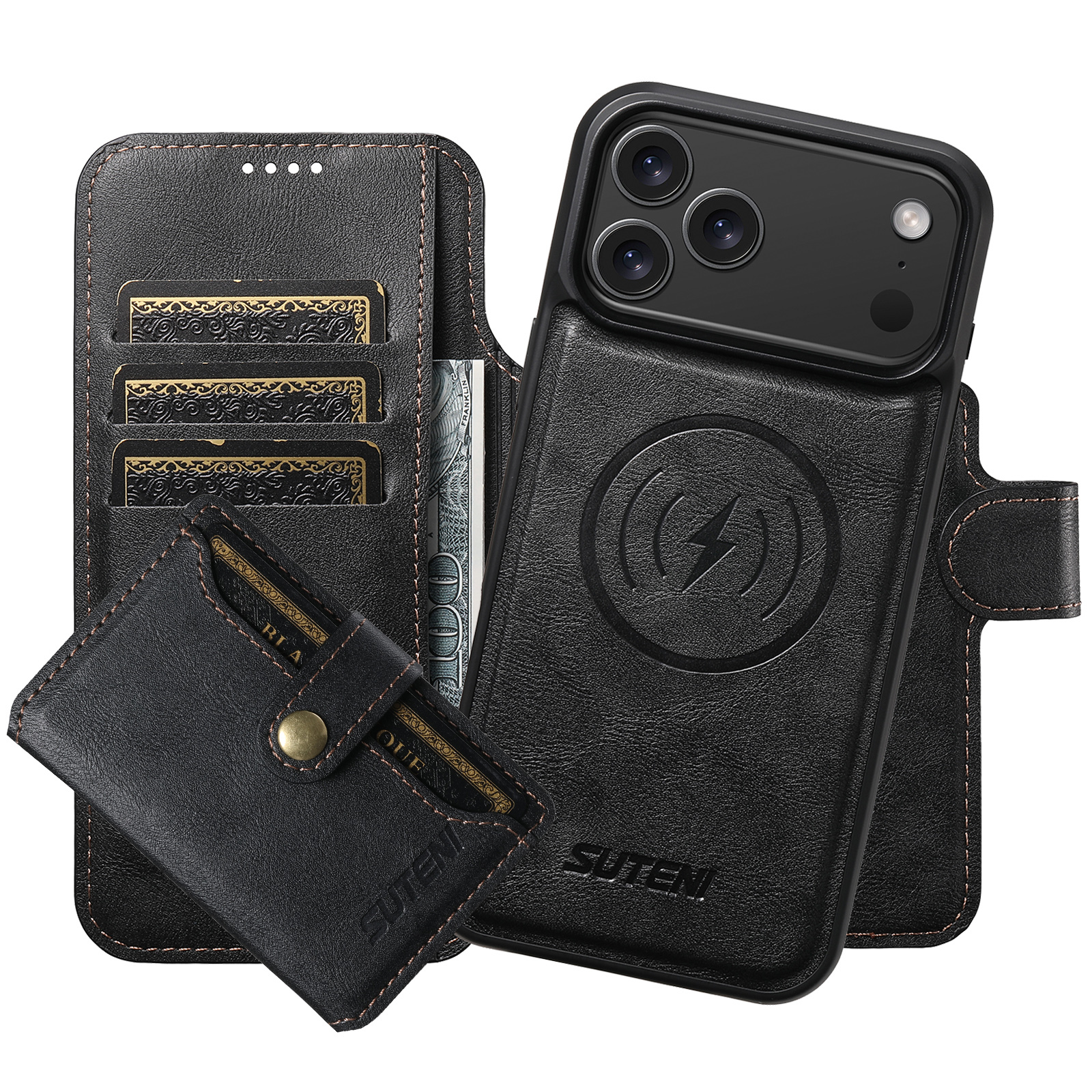 SUTENI Q05S1 Faux Leather Wireless Charging Card Holder Stand Wallet Magnetic Flip Cover Phone Case For iPhone 17 Pro Max 16 Plus 15 14 13 12