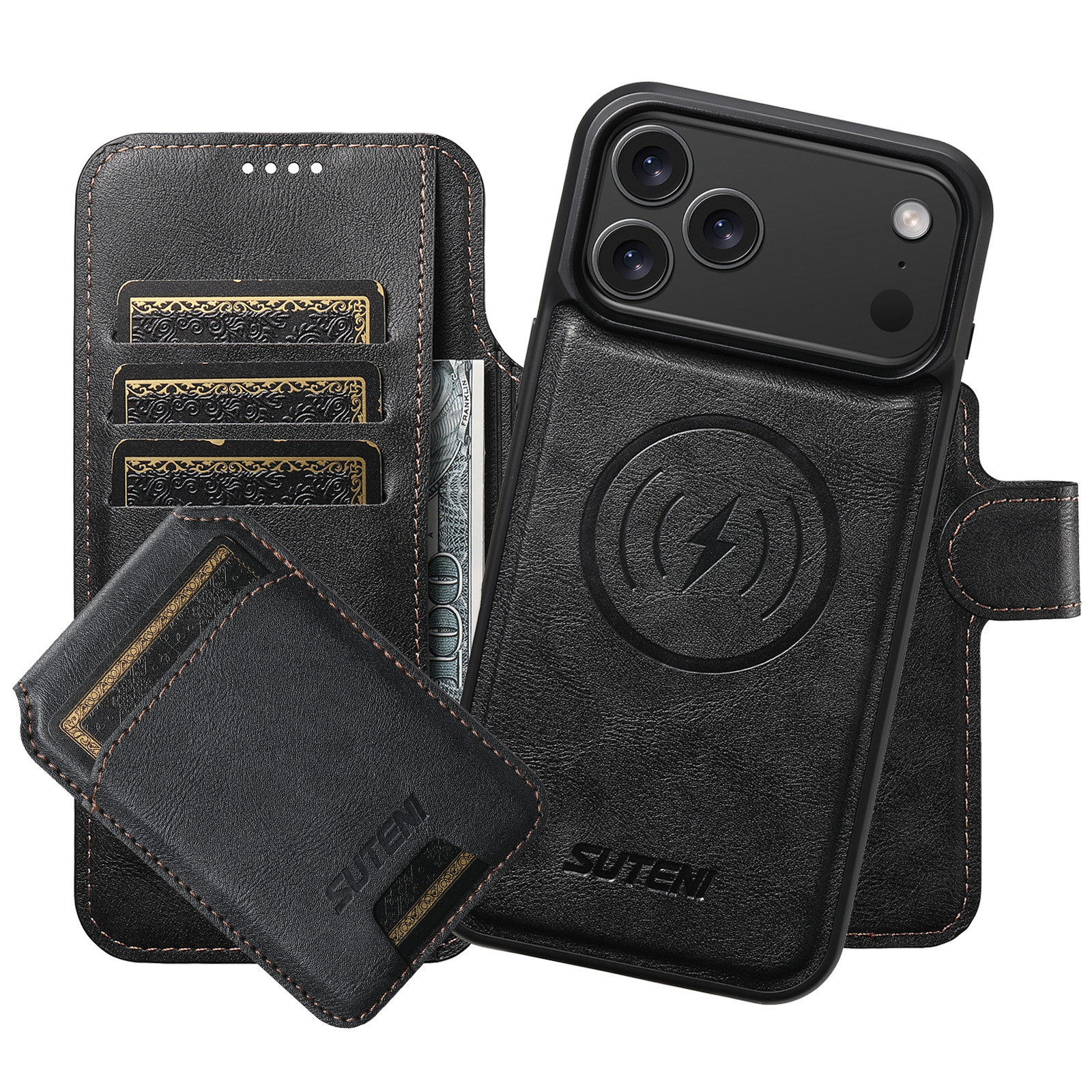 SUTENI Q05S2 Faux Leather Wireless Charging Card Holder Stand Wallet Magnetic Flip Cover Phone Case For iPhone 17 Pro Max 16 Plus 15 14 13 12