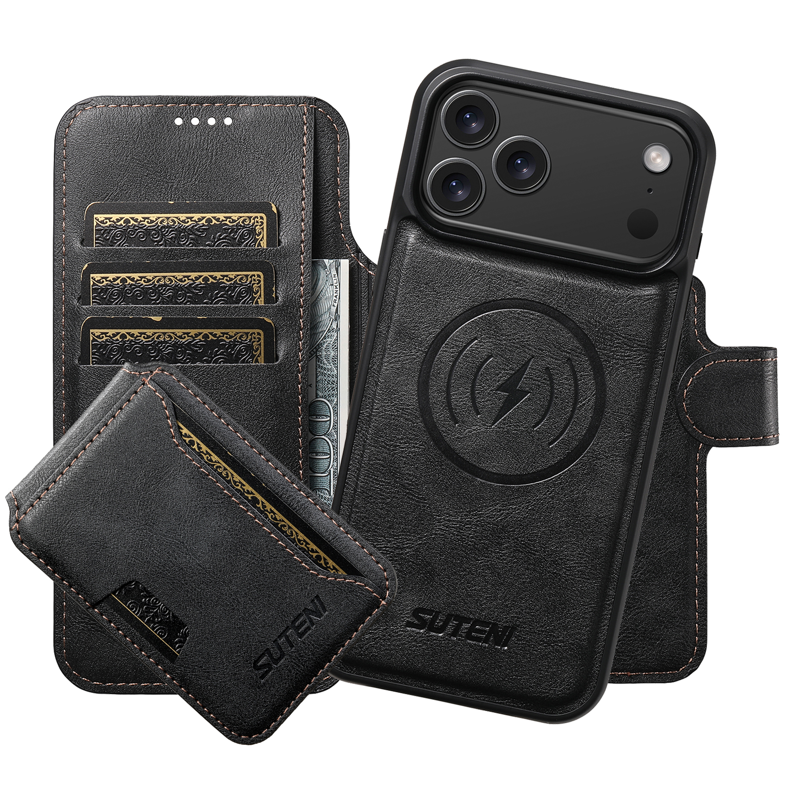 SUTENI Q05S3 Faux Leather Wireless Charging Card Holder Stand Wallet Magnetic Flip Cover Phone Case For iPhone 17 Pro Max 16 Plus 15 14 13 12