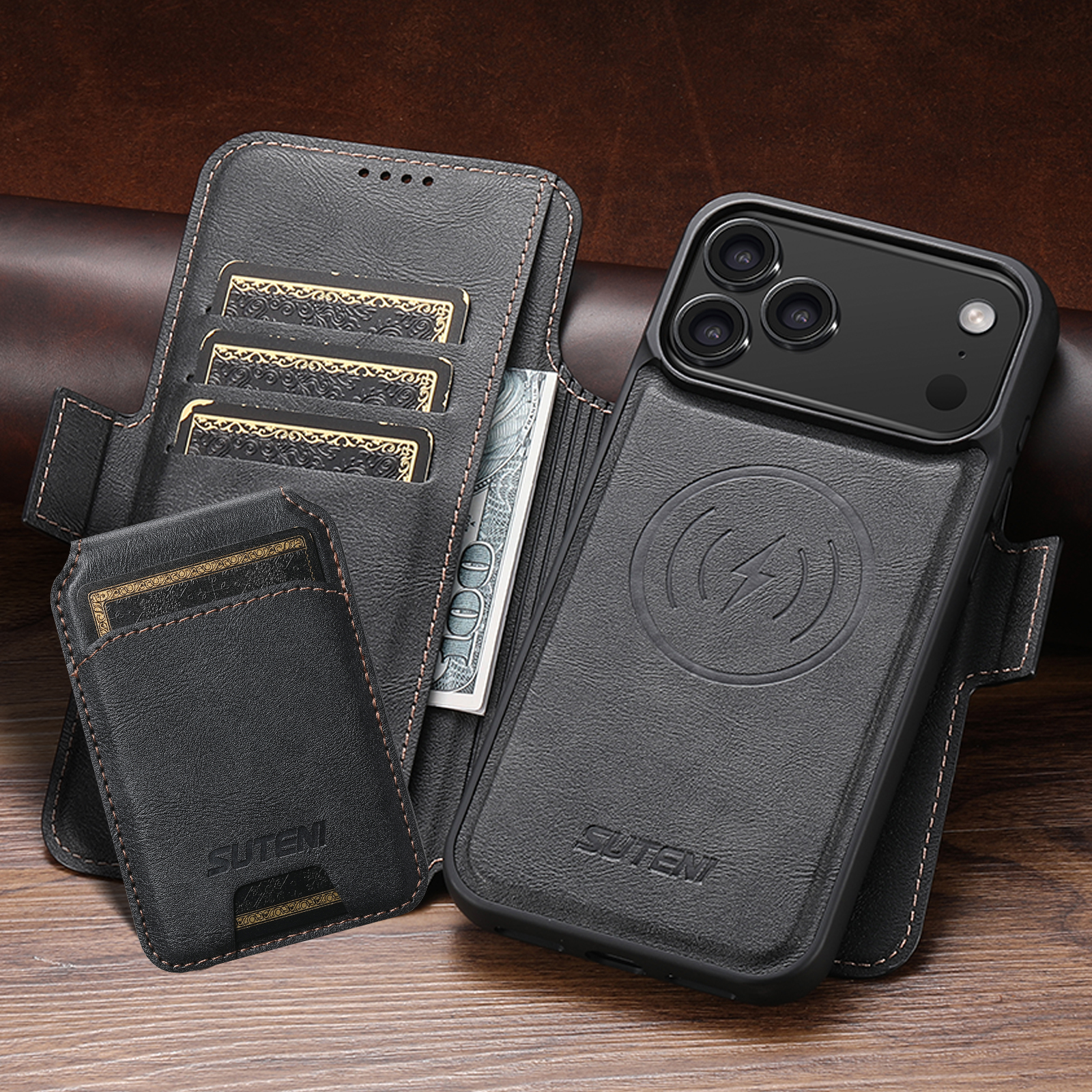 SUTENI Q06S2 Faux Leather Wireless Charging Card Holder Stand Wallet Magnetic Flip Cover Phone Case For iPhone 17 Pro Max 16 Plus 15 14 13 12