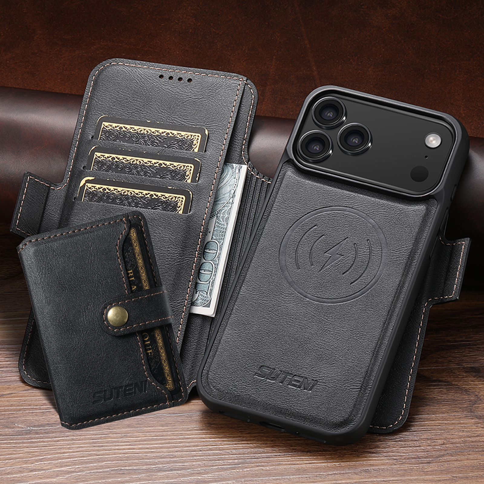 SUTENI Q07S1 Faux Leather Wireless Charging Card Holder Stand Wallet Magnetic Flip Cover Phone Case For iPhone 17 Pro Max 16 Plus 15 14 13 12