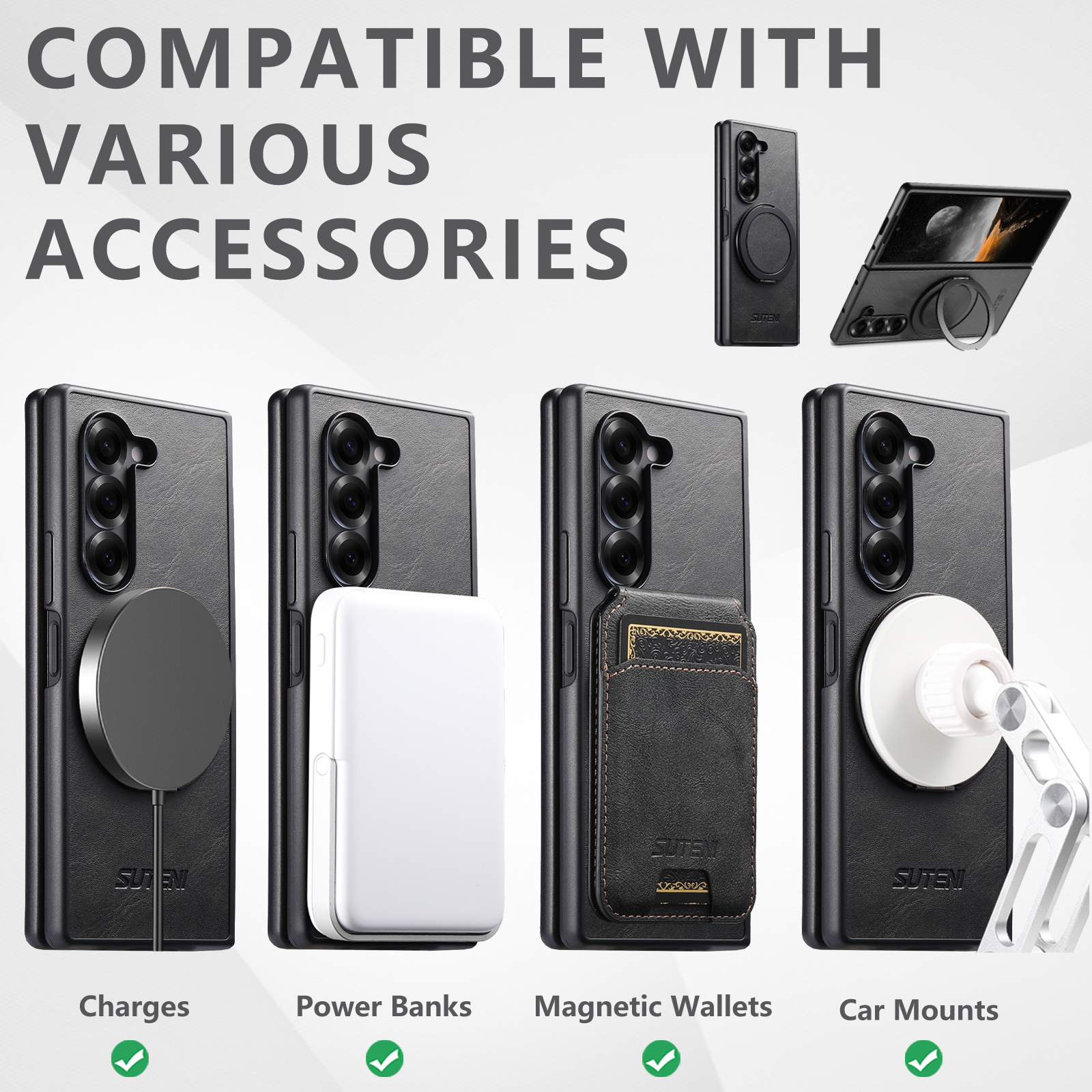 SUTENI G3YL Magnet Wireless Charging Phone Case Oil Wax Faux Leather 360° Rotating Stand Buckle For Samsung Galaxy Z Fold 8 Ultra 7 6 5