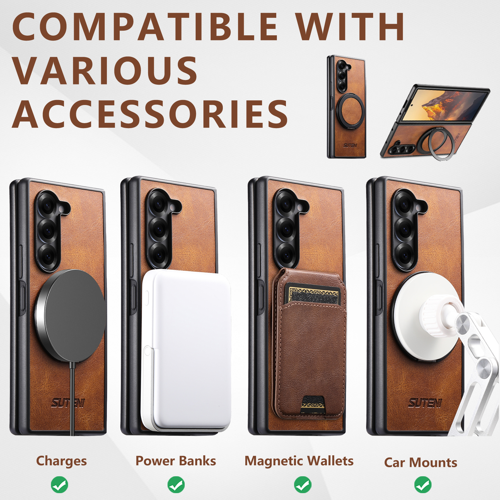 SUTENI G3YL Magnet Wireless Charging Phone Case Oil Wax Faux Leather 360° Rotating Stand Buckle For Samsung Galaxy Z Fold 7 6 5