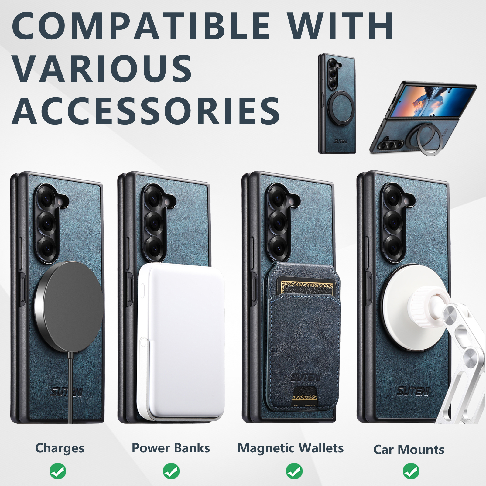 SUTENI G3YL Magnet Wireless Charging Phone Case Oil Wax Faux Leather 360° Rotating Stand Buckle For Samsung Galaxy Z Fold 8 Ultra 7 6 5