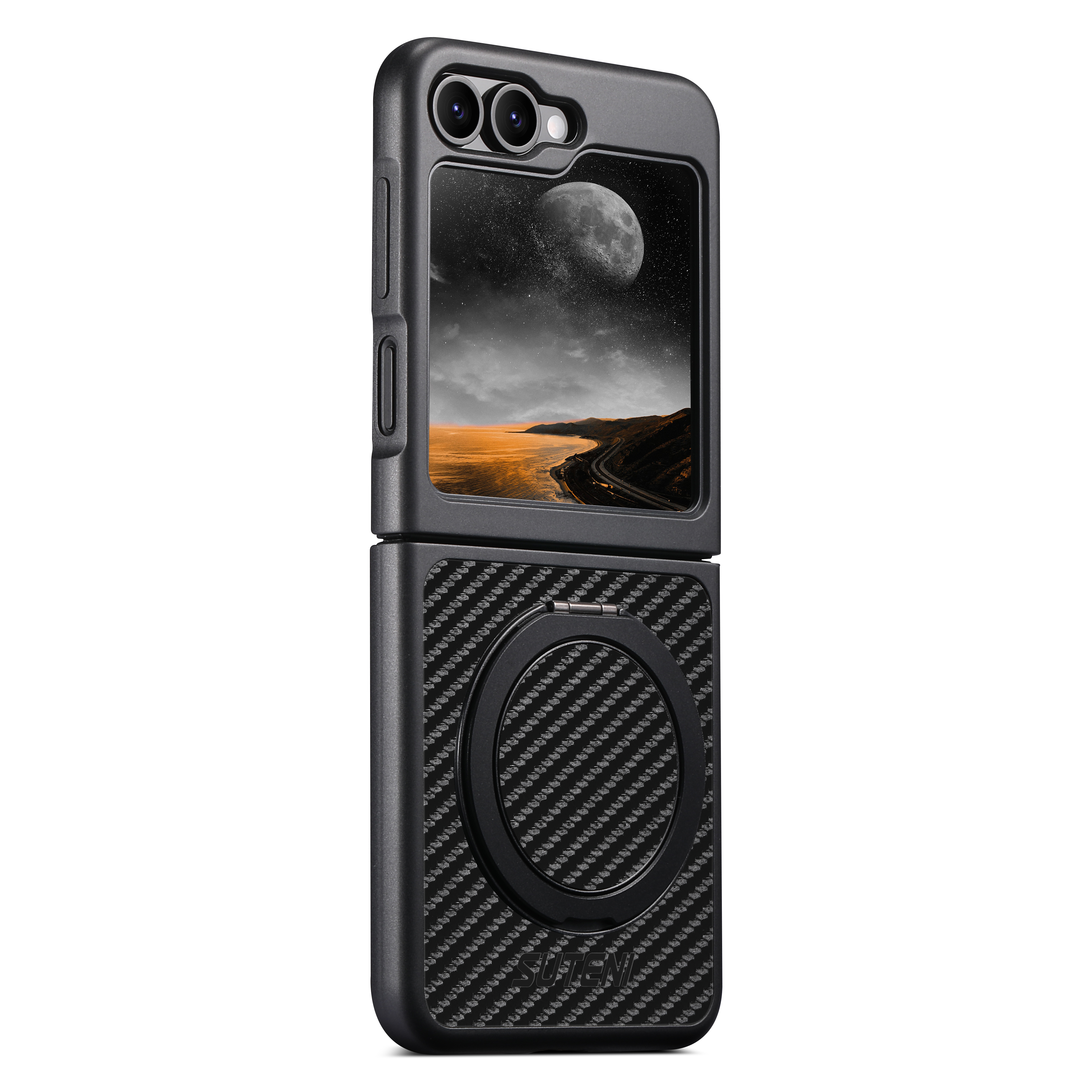 SUTENI G3TXW Mobile Phone Case Magnet Wireless Charging 360° Rotating Stand Faux Leather Ring Buckle For Samsung Galaxy Z Flip 7 6 5