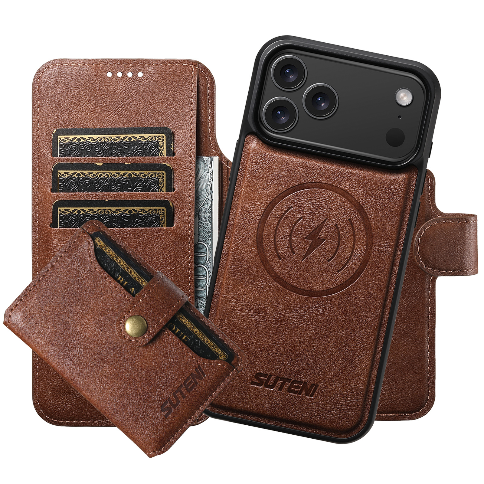 SUTENI Q05S1 Faux Leather Wireless Charging Card Holder Stand Wallet Magnetic Flip Cover Phone Case For iPhone 17 Pro Max 16 Plus 15 14 13 12