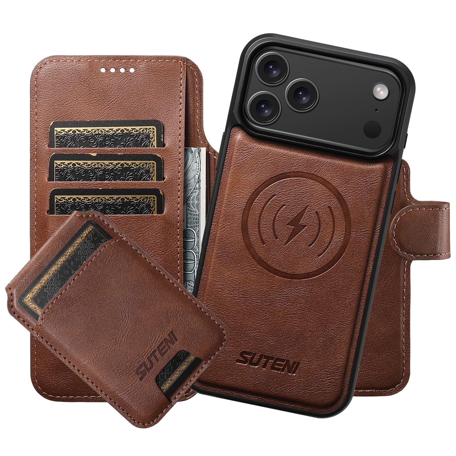 SUTENI Q05S2 Faux Leather Wireless Charging Card Holder Stand Wallet Magnetic Flip Cover Phone Case For iPhone 17 Pro Max 16 Plus 15 14 13 12