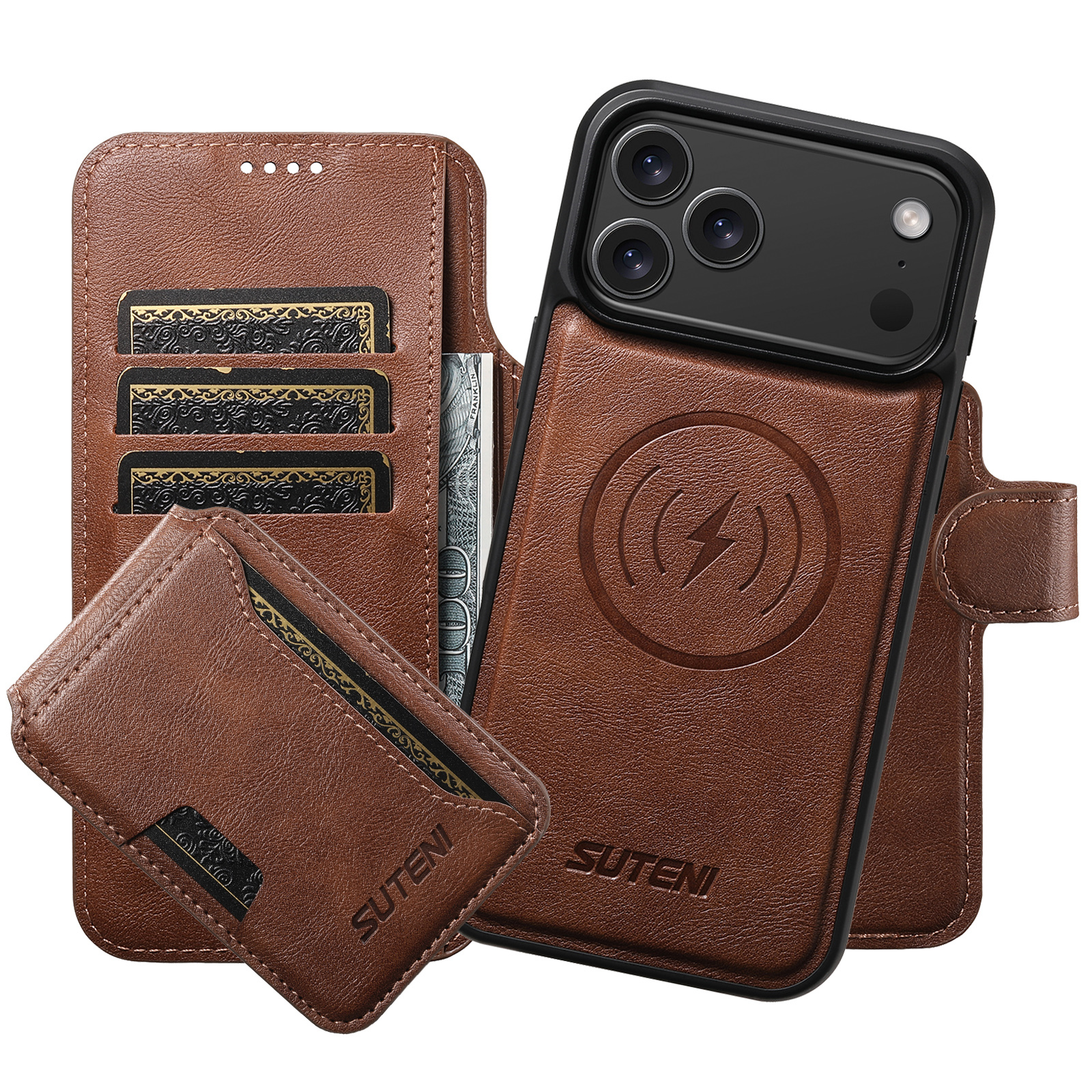 SUTENI Q05S3 Faux Leather Wireless Charging Card Holder Stand Wallet Magnetic Flip Cover Phone Case For iPhone 17 Pro Max 16 Plus 15 14 13 12