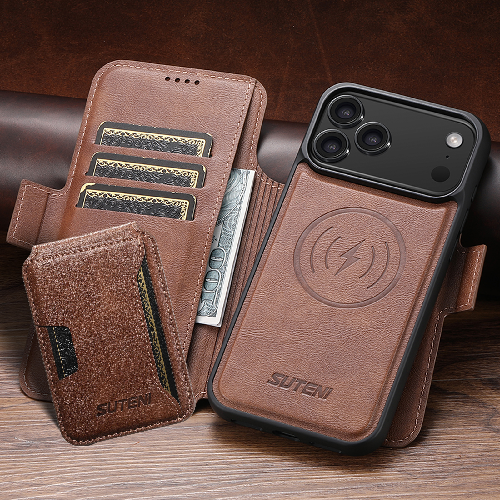 SUTENI Q06S3 Faux Leather Wireless Charging Card Holder Stand Wallet Magnetic Flip Cover Phone Case For iPhone 17 Pro Max 16 Plus 15 14 13 12