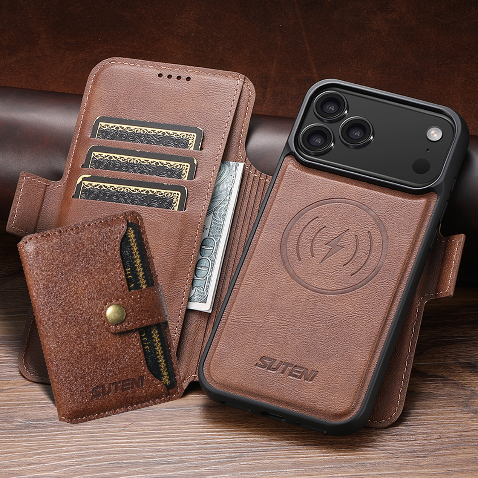 SUTENI Q07S1 Faux Leather Wireless Charging Card Holder Stand Wallet Magnetic Flip Cover Phone Case For iPhone 17 Pro Max 16 Plus 15 14 13 12
