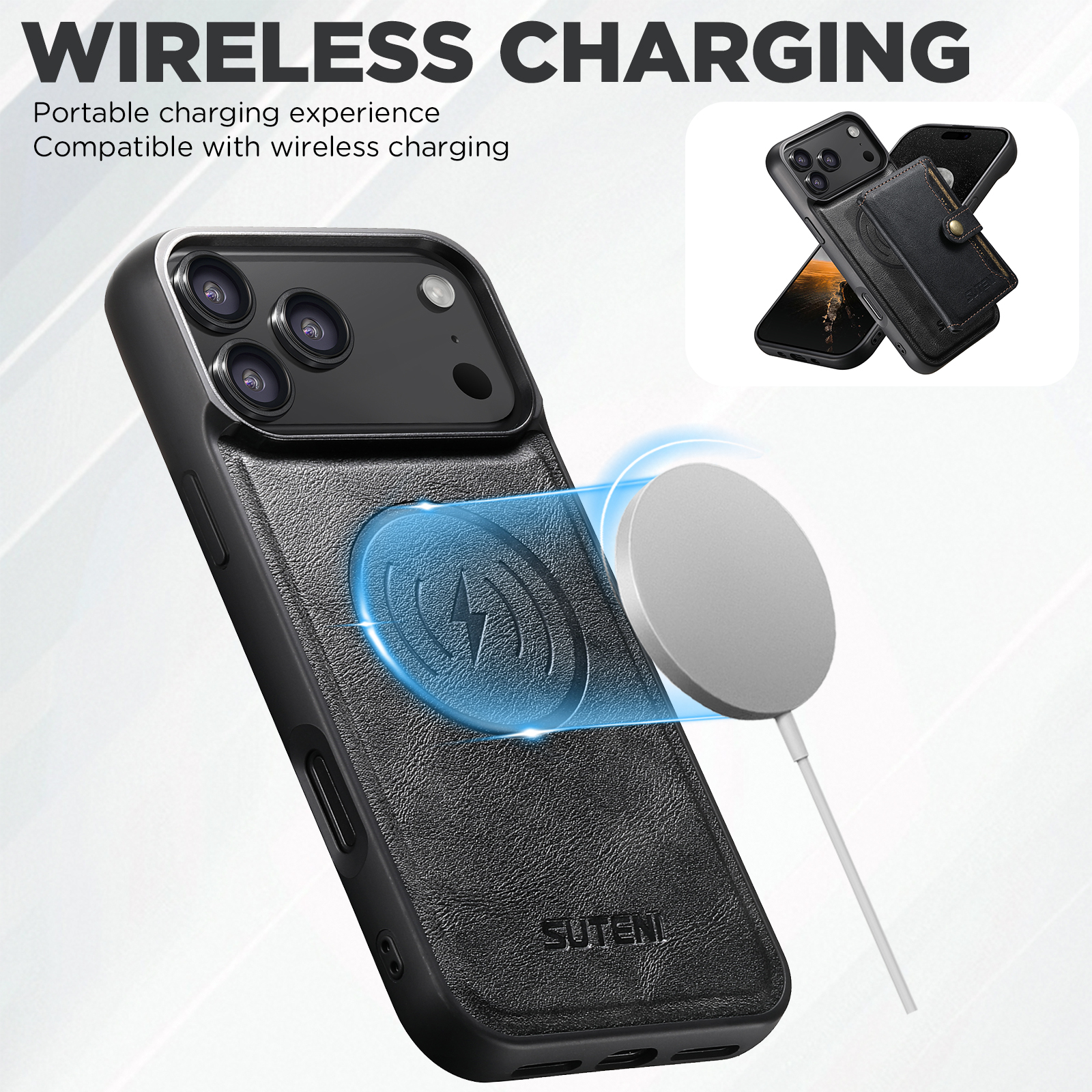 SUTENI M4 Wireless Charging Luxury Faux Leather Magnet Phone Case Card Holder Stand For iPhone 17 Pro Max 16 Plus 15 14 13 12