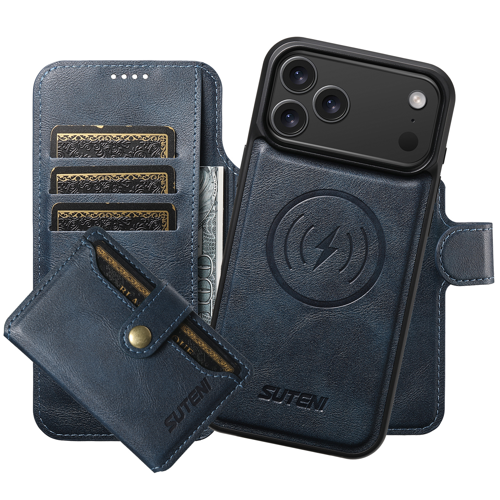 SUTENI Q05S1 Faux Leather Wireless Charging Card Holder Stand Wallet Magnetic Flip Cover Phone Case For iPhone 17 Pro Max 16 Plus 15 14 13 12