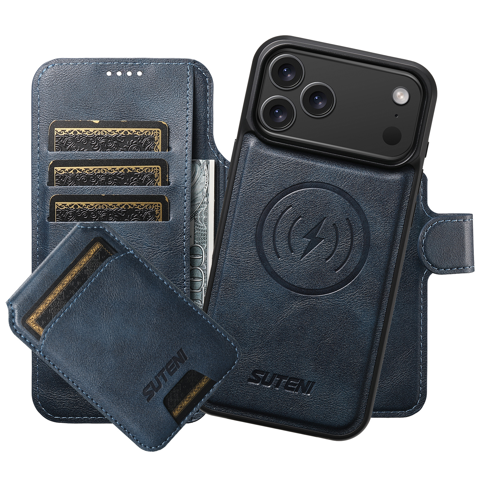 SUTENI Q05S2 Faux Leather Wireless Charging Card Holder Stand Wallet Magnetic Flip Cover Phone Case For iPhone 17 Pro Max 16 Plus 15 14 13 12
