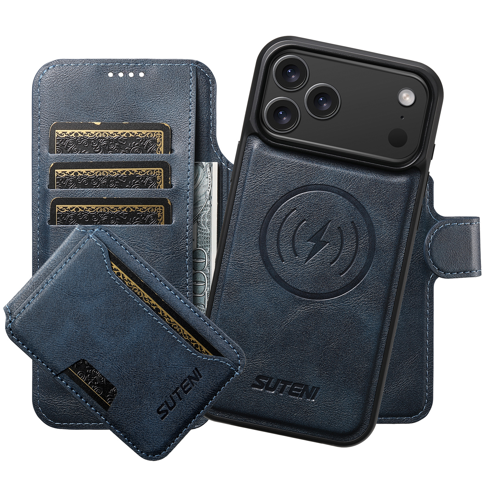 SUTENI Q05S3 Faux Leather Wireless Charging Card Holder Stand Wallet Magnetic Flip Cover Phone Case For iPhone 17 Pro Max 16 Plus 15 14 13 12