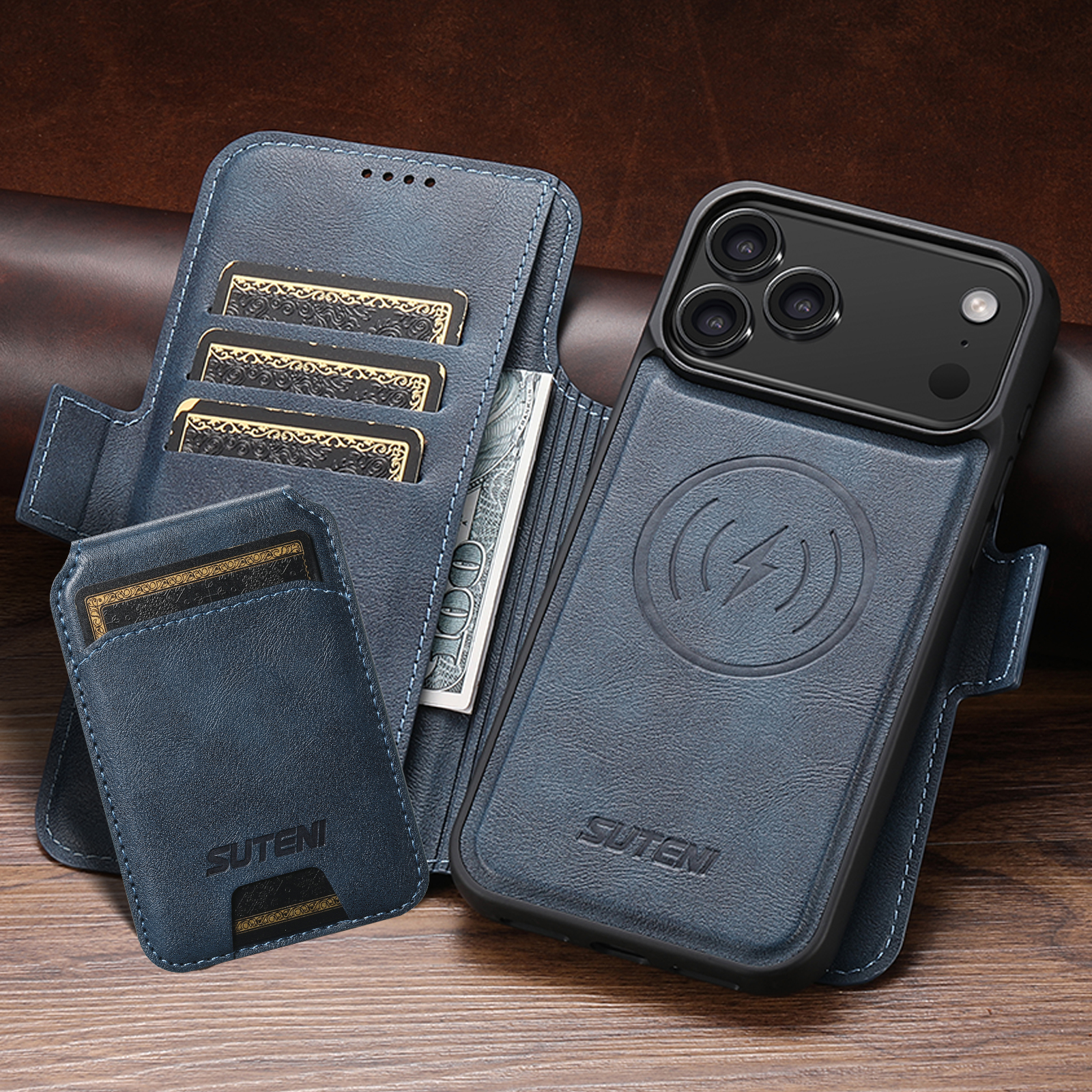 SUTENI Q06S2 Faux Leather Wireless Charging Card Holder Stand Wallet Magnetic Flip Cover Phone Case For iPhone 17 Pro Max 16 Plus 15 14 13 12