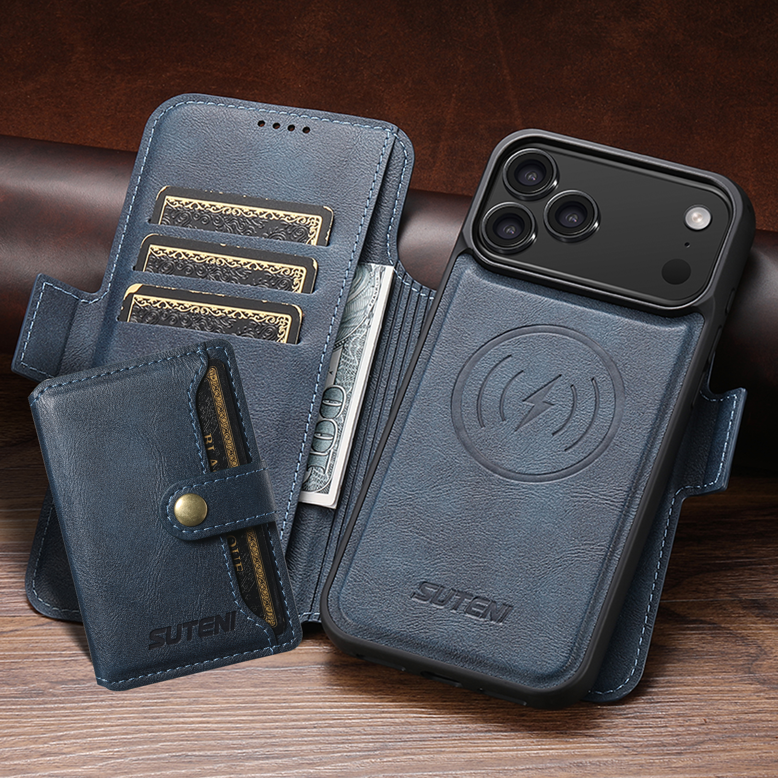 SUTENI Q07S1 Faux Leather Wireless Charging Card Holder Stand Wallet Magnetic Flip Cover Phone Case For iPhone 17 Pro Max 16 Plus 15 14 13 12