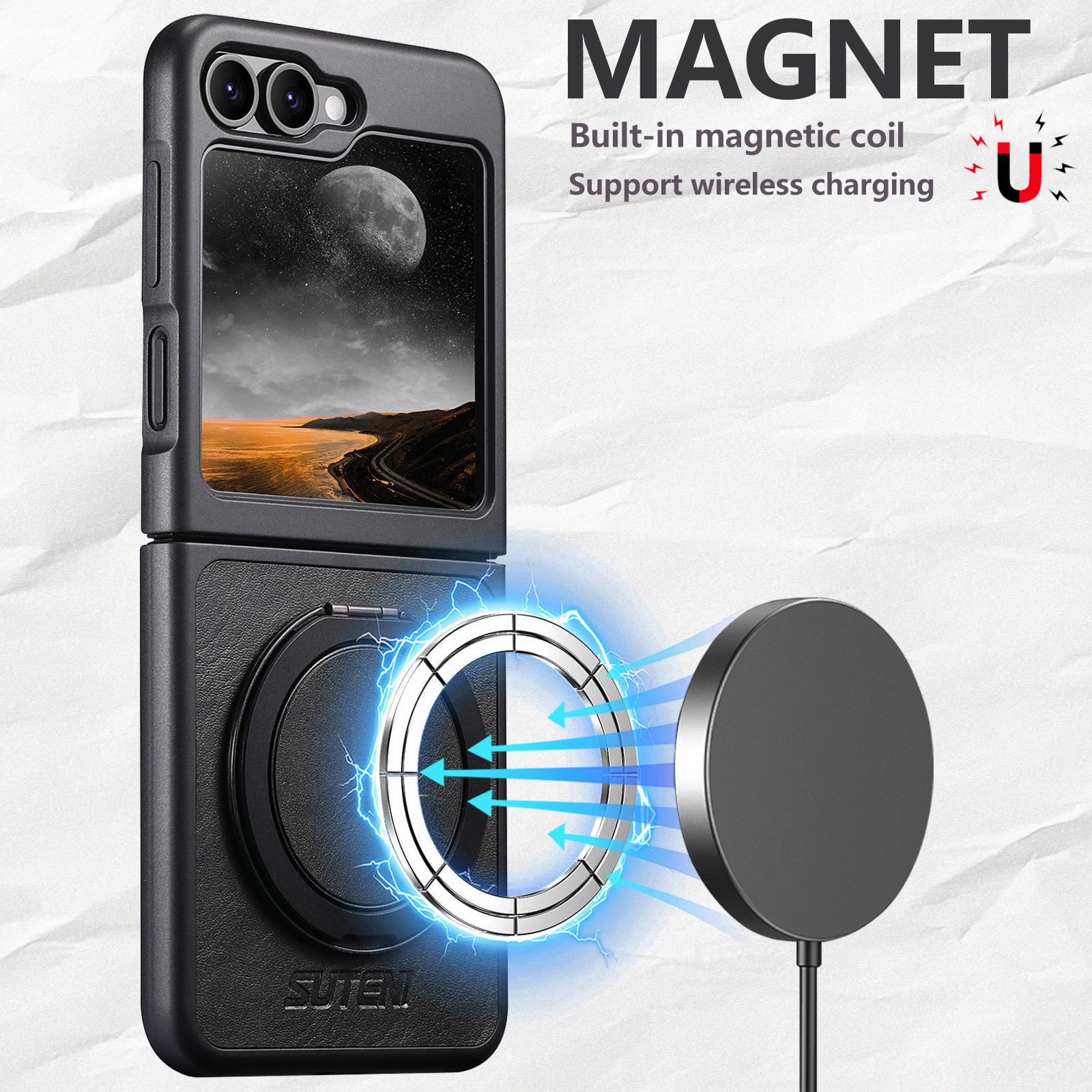 SUTENI Magnet Wireless Charging G3YL Phone Case Oil Wax Faux Leather 360° Rotating Stand Buckle For Samsung Galaxy Z Flip 7 6 5