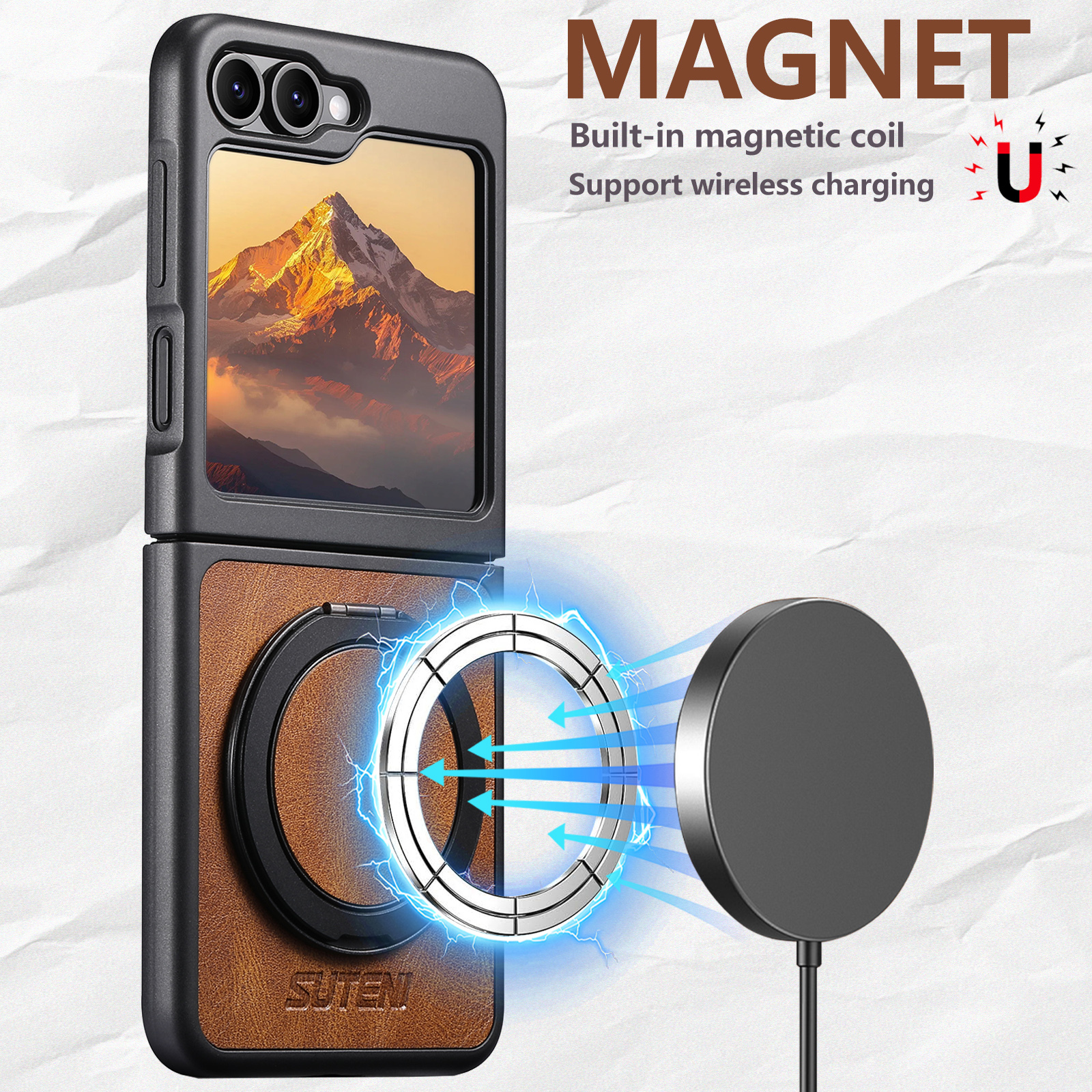 SUTENI Magnet Wireless Charging G3YL Phone Case Oil Wax Faux Leather 360° Rotating Stand Buckle For Samsung Galaxy Z Flip 7 6 5